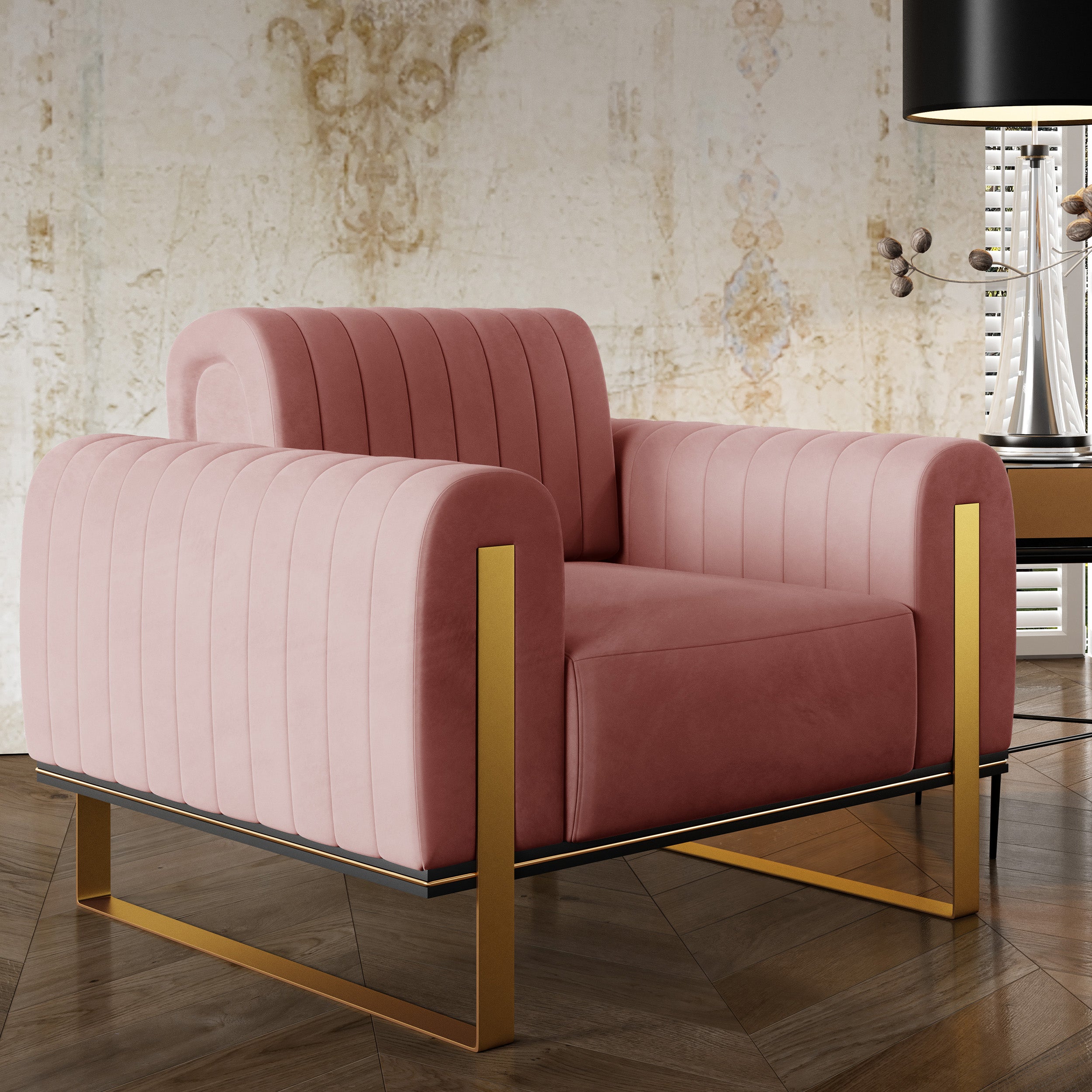 Parissa Schalensitz pinker Samt mit goldenen Beinen