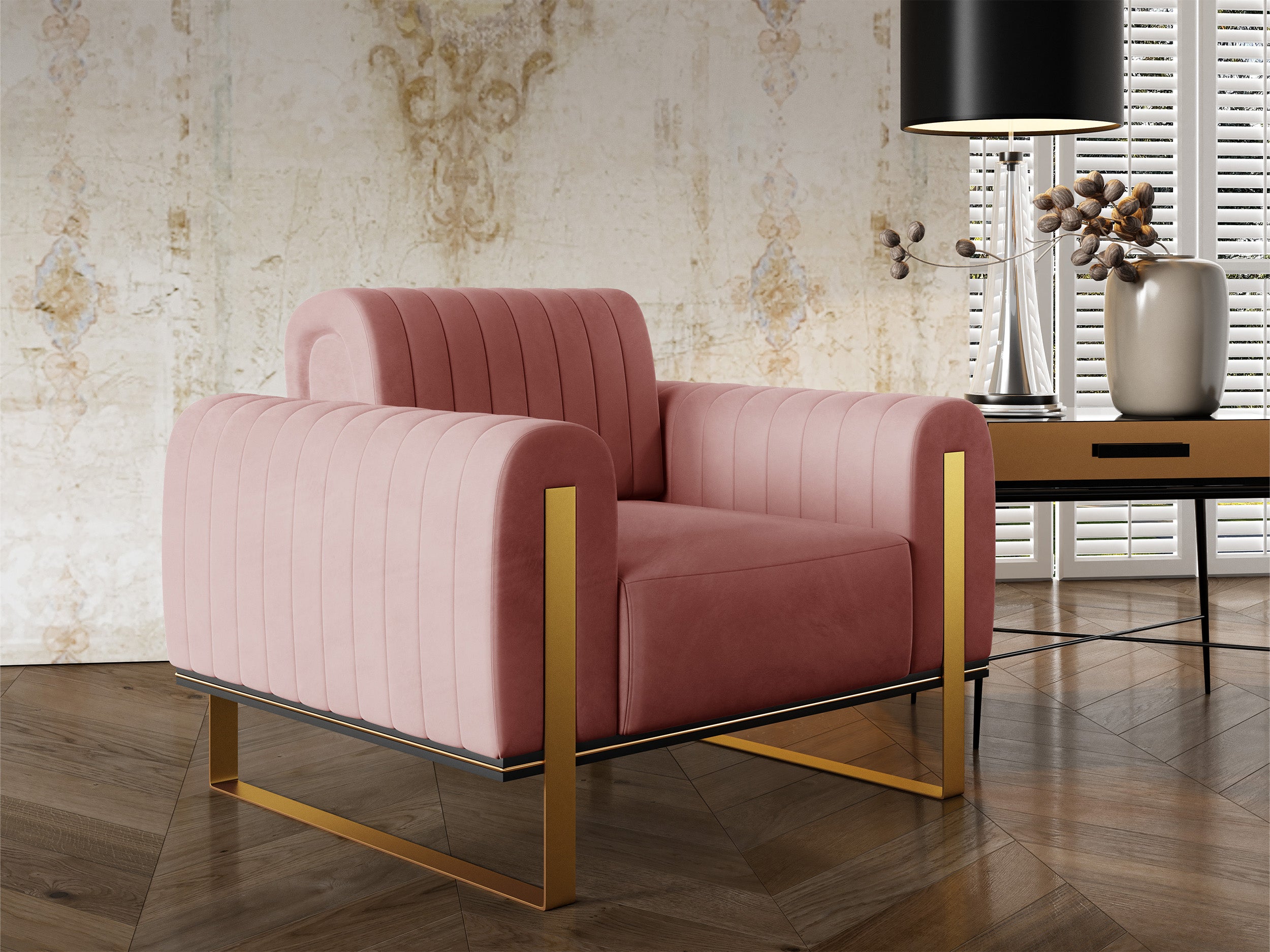Parissa Schalensitz pinker Samt mit goldenen Beinen