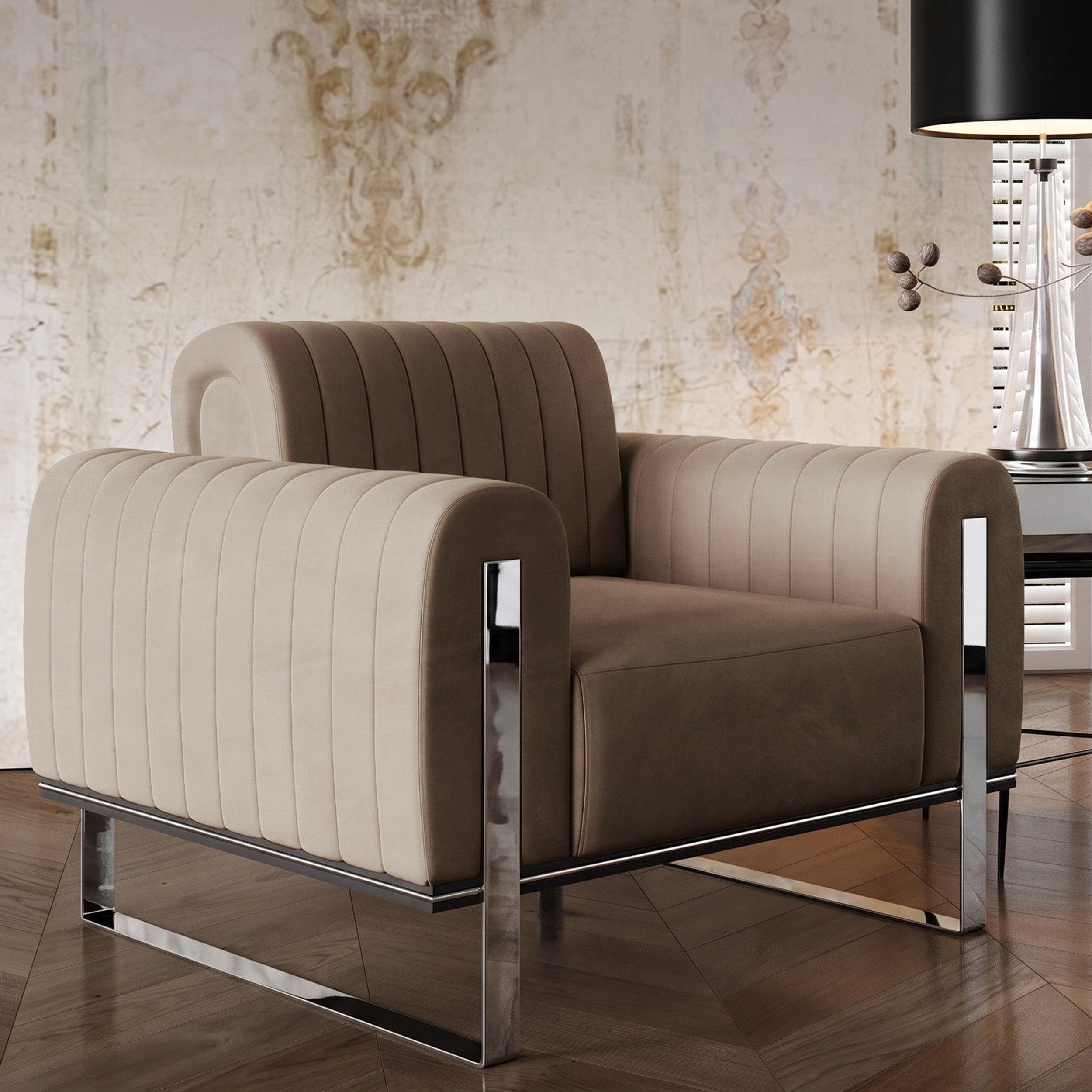 Parissa Schalensitzstuhl Beige Samt Chromfüße