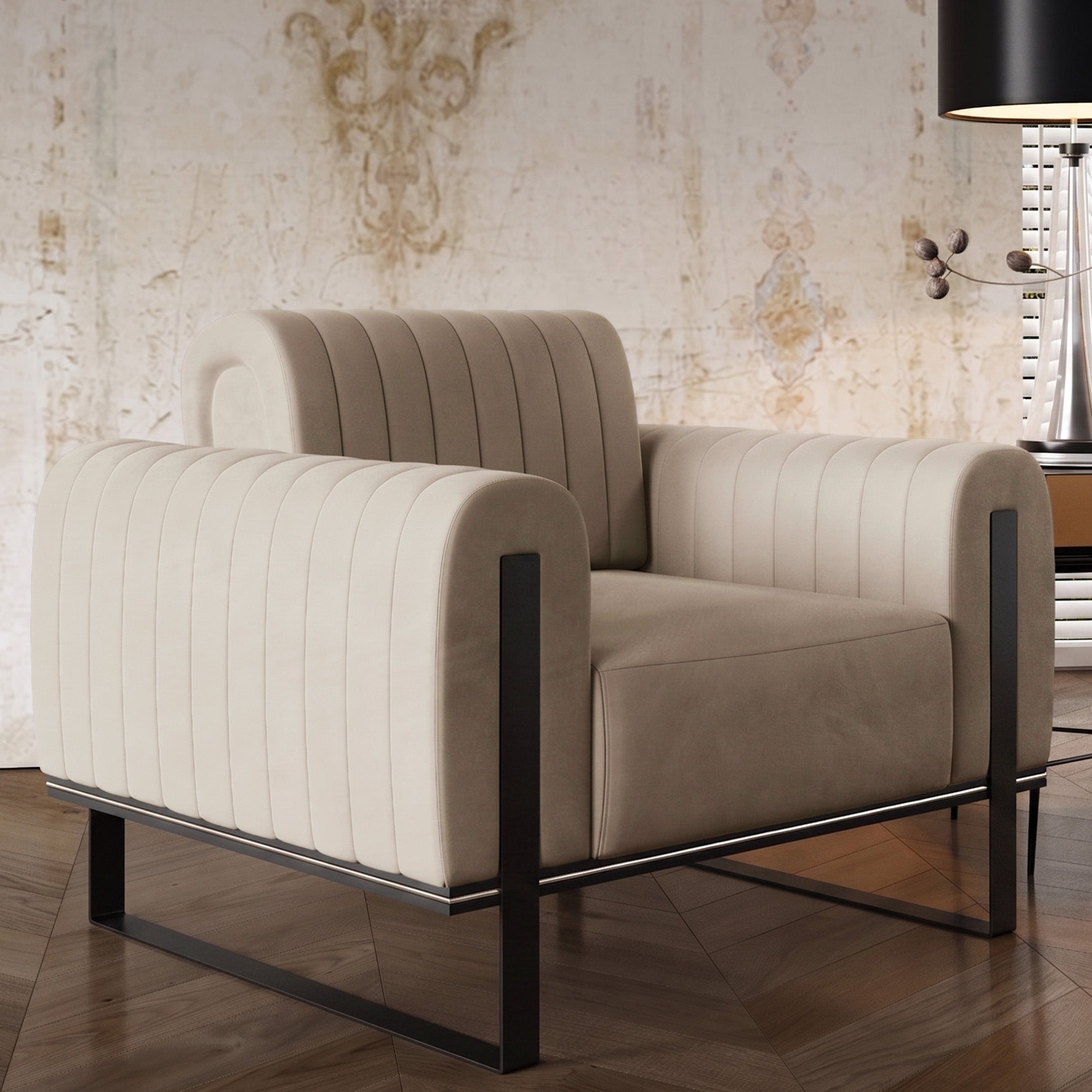 Parissa Schalensitz hellbeige Samt schwarze Beine