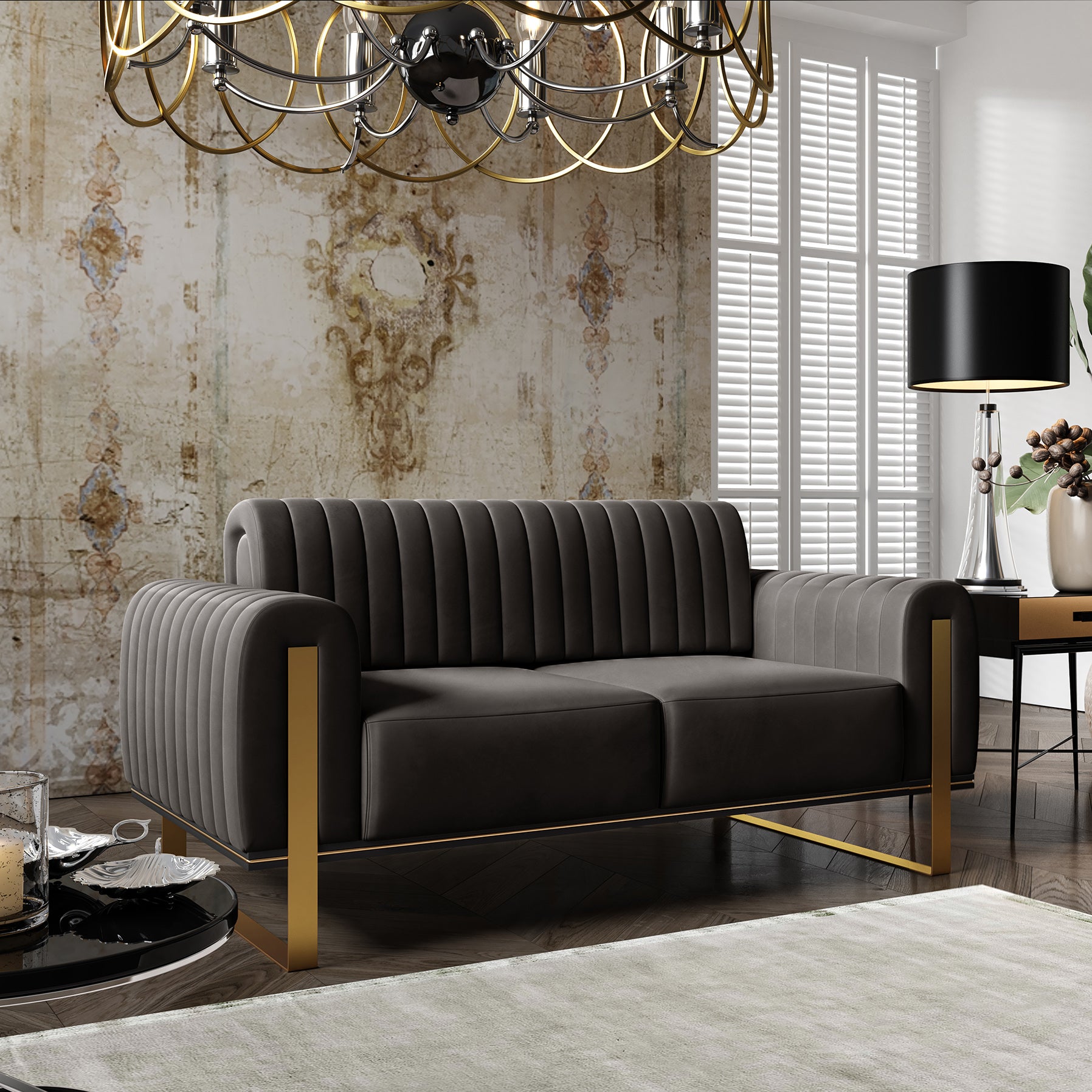Zweisitziges Sofa Parissa aus dunkelgrauem Samt