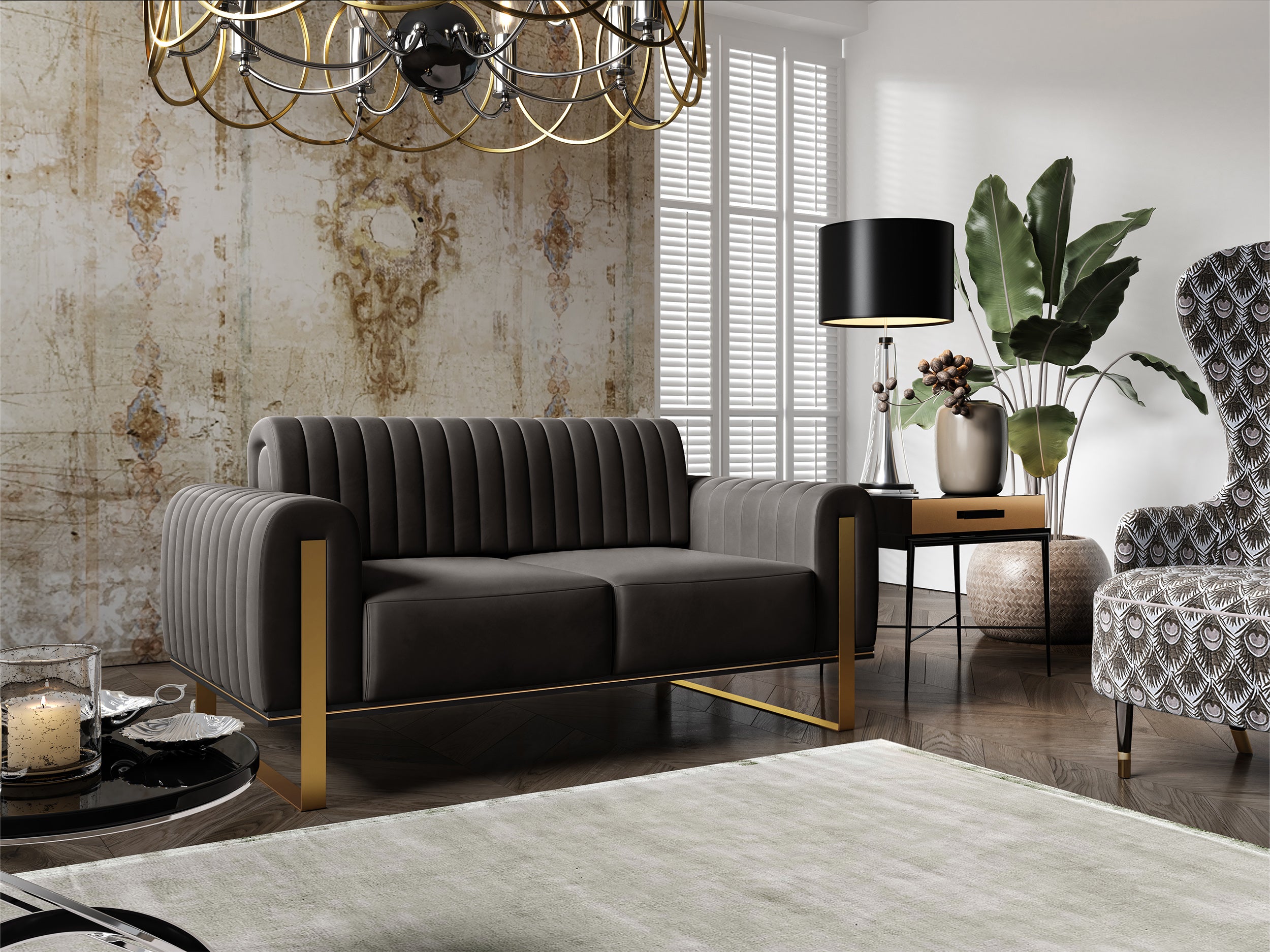 Zweisitziges Sofa Parissa aus dunkelgrauem Samt