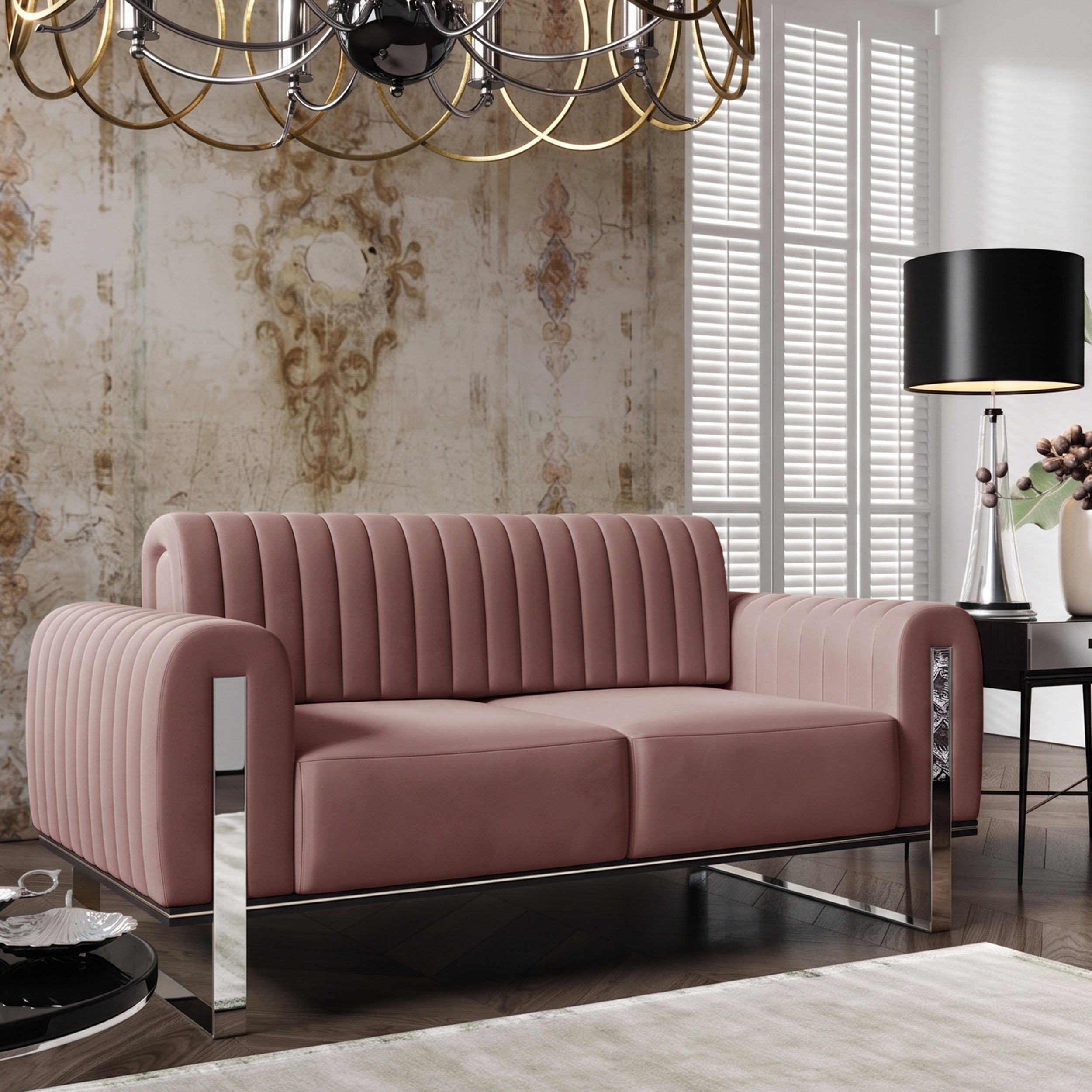 Zweisitziges Sofa Parissa, rosa Velours, Chromfüße