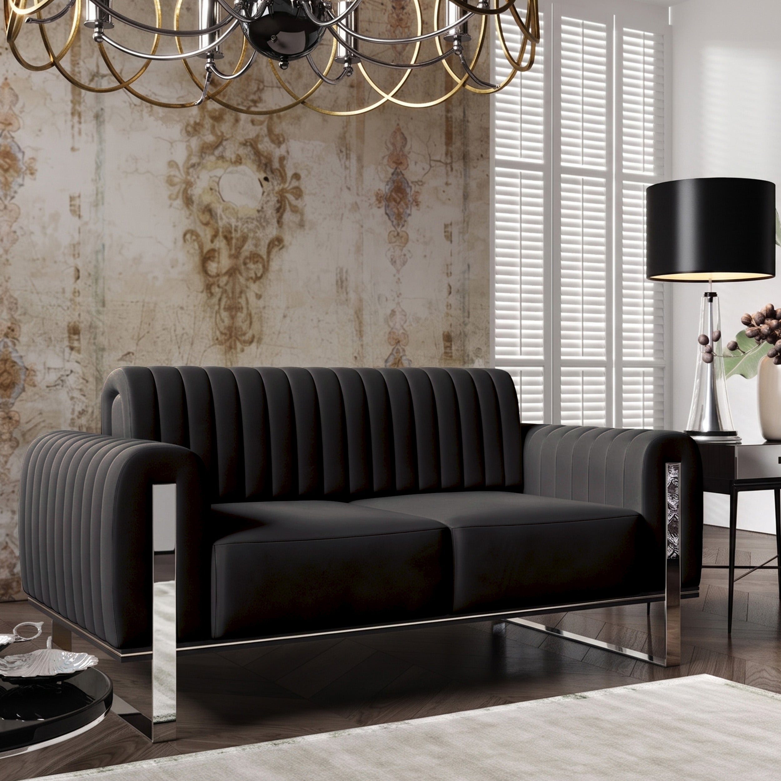 Zweisitziges Sofa Parissa, schwarzer Samt, Chrombeine