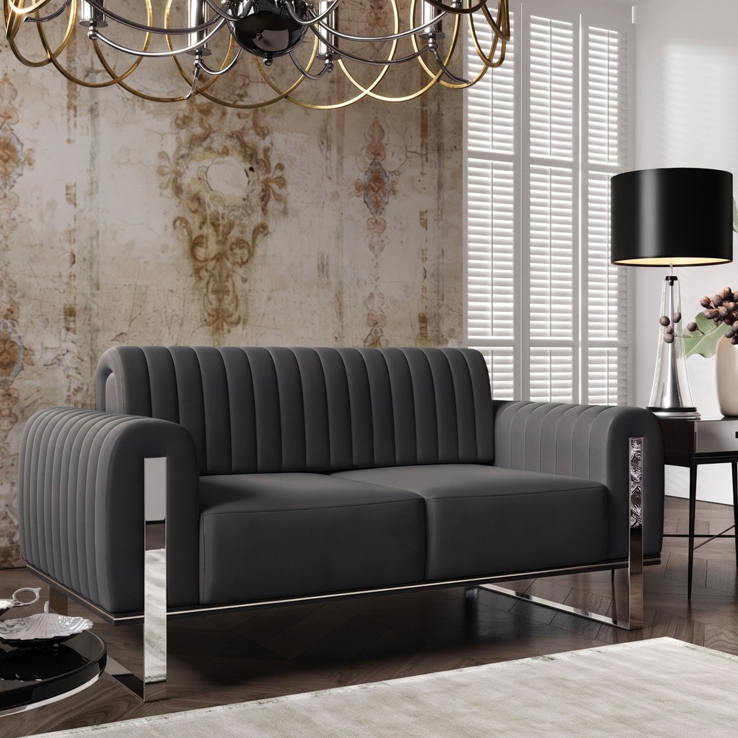 Zweisitziges Sofa Parissa, dunkelgrauer Samt, verchromte Beine
