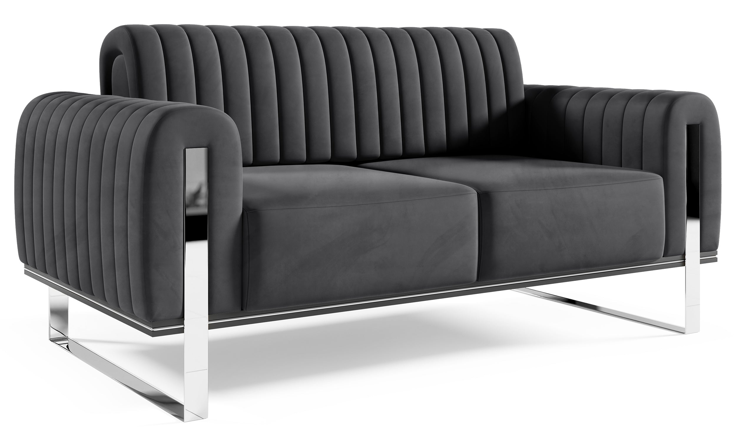 Zweisitziges Sofa Parissa, dunkelgrauer Samt, verchromte Beine