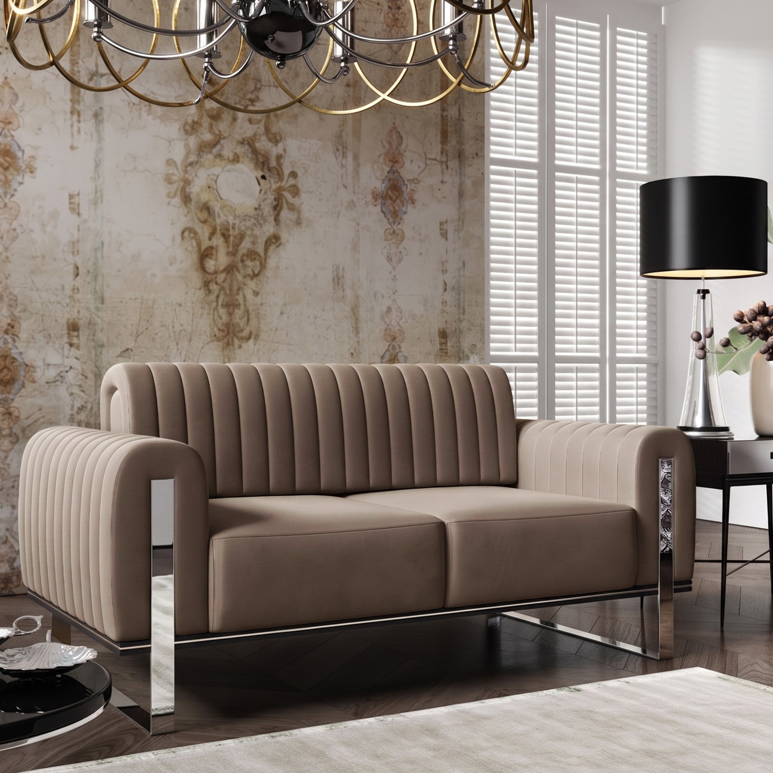 Zweisitziges Sofa Parissa in Beige, Velours, Chromfüße