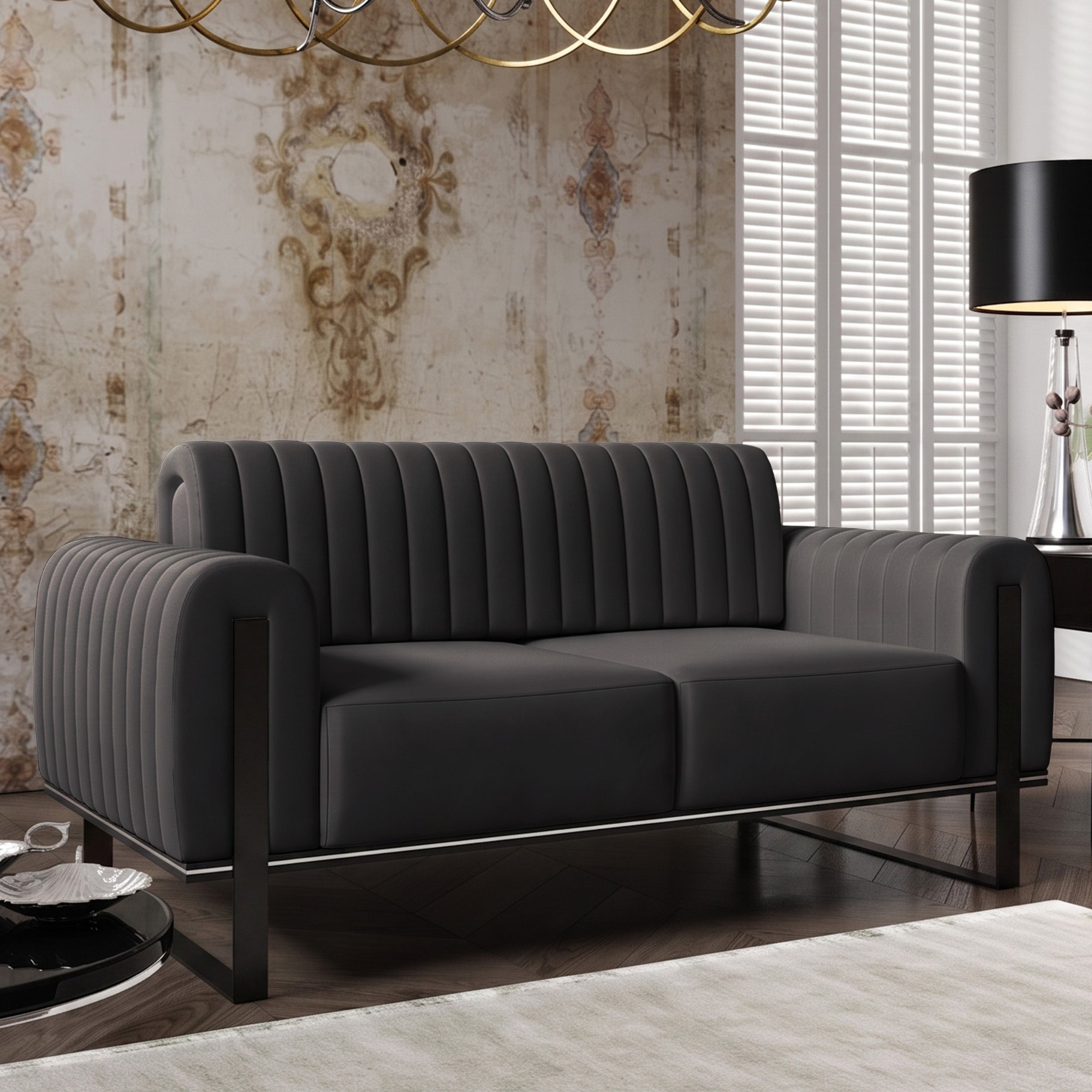 Zweisitziges Sofa Parissa, dunkelgrauer Samt, schwarze Beine