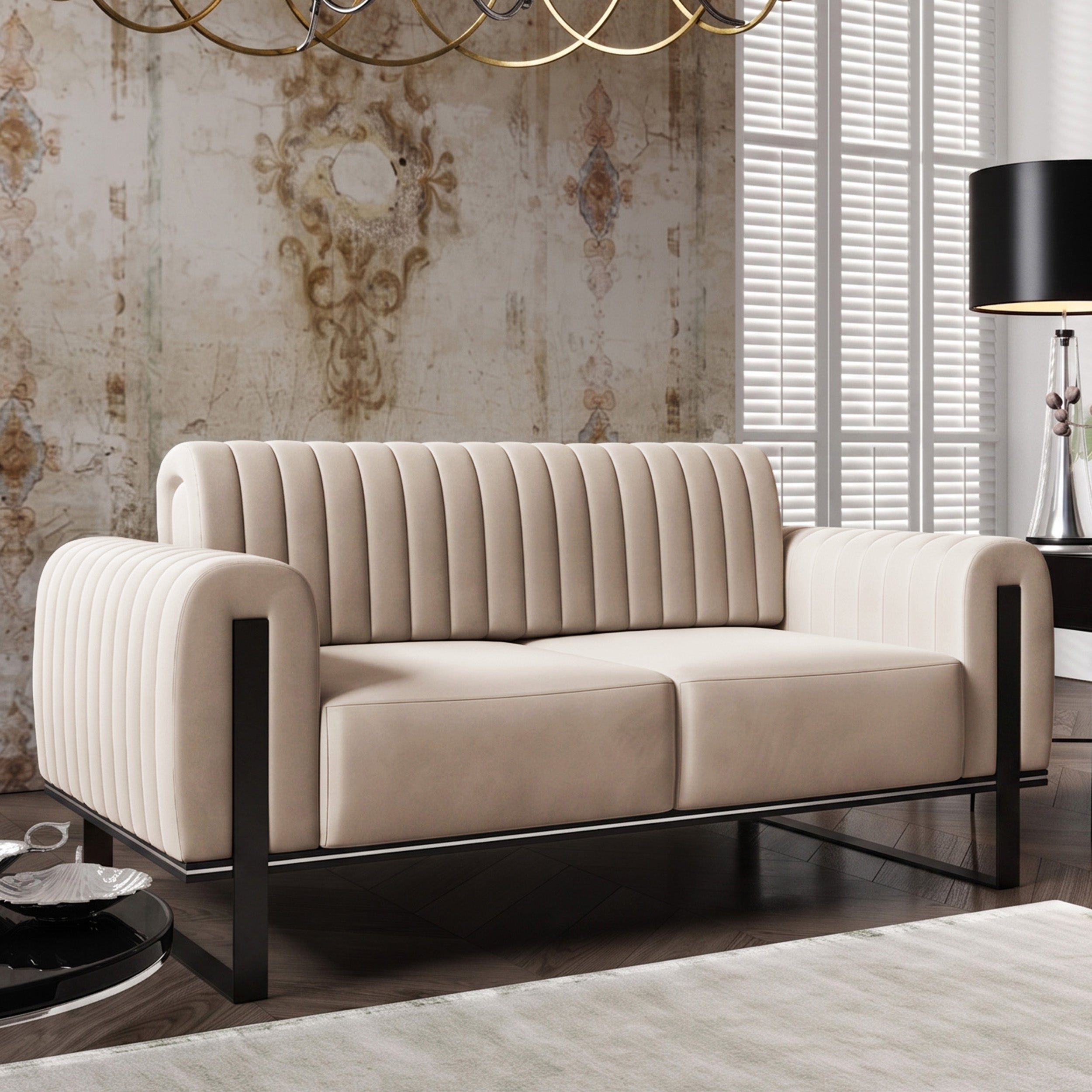 Zweisitziges Sofa Parissa hellbeige Velours schwarze Beine