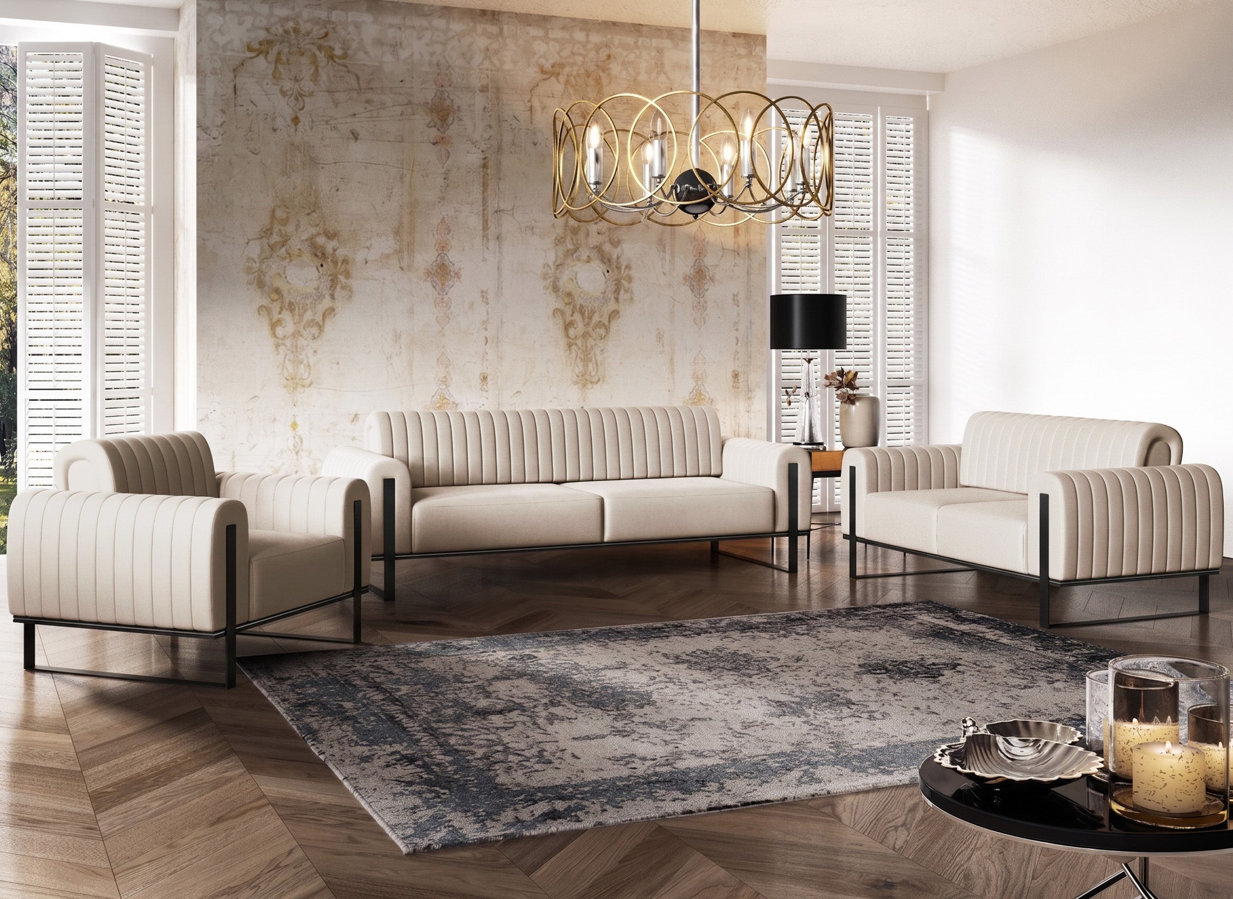 Dreissitziges Sofa Parissa, hellbeiger Samt, schwarze Beine