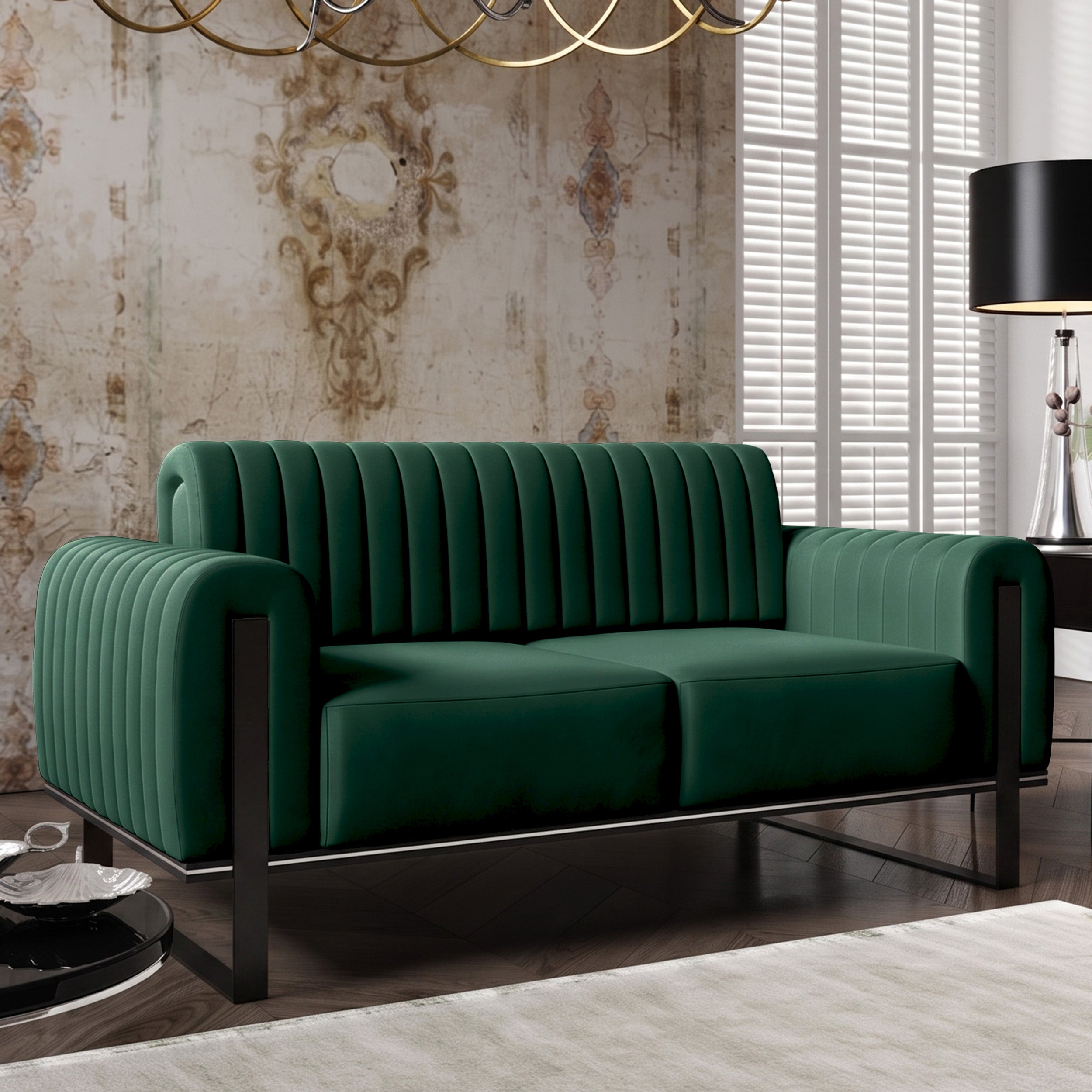 Zweisitziges Sofa Parissa, grüner Samt, schwarze Beine