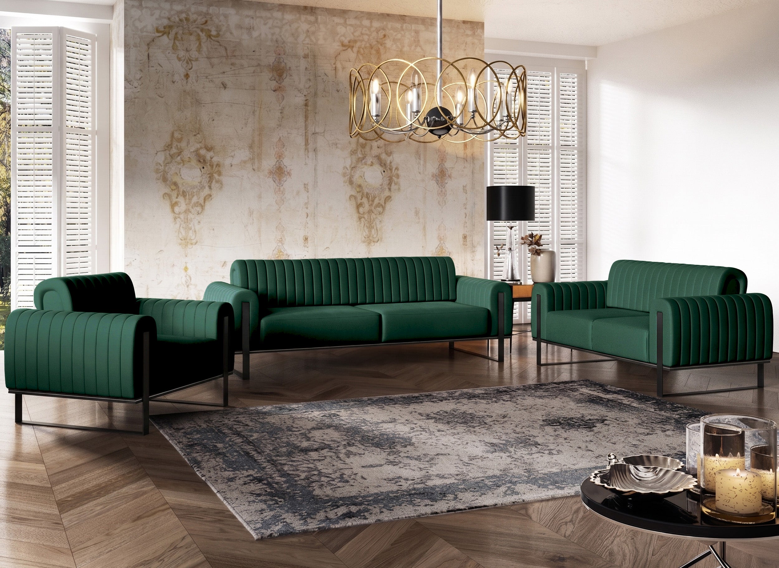 Dreisitiges Sofa Parissa, grüner Samt, schwarze Beine