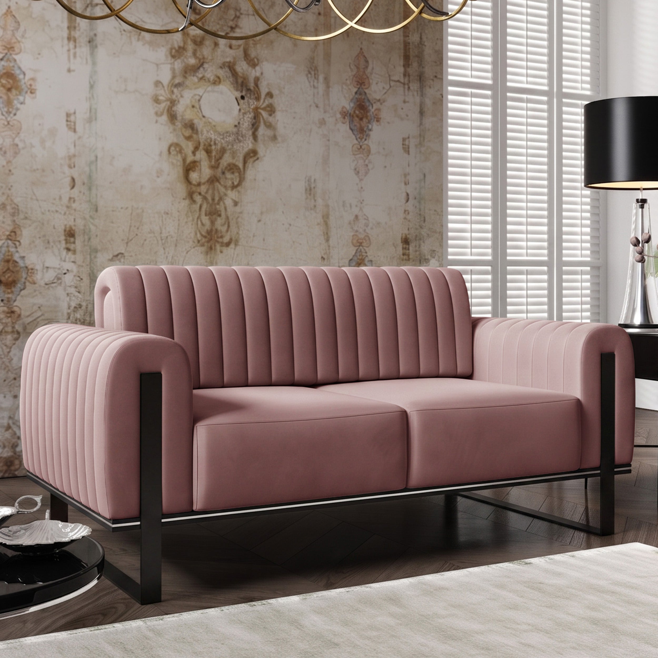 Zweisitziges Sofa Parissa, rosa Samt, schwarze Beine