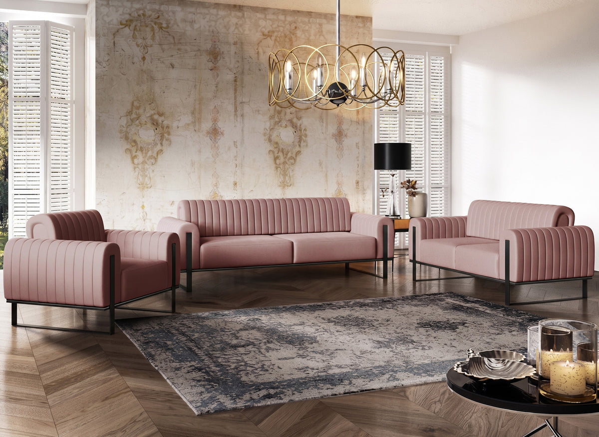 Zweisitziges Sofa Parissa, rosa Samt, schwarze Beine – Selsey EU