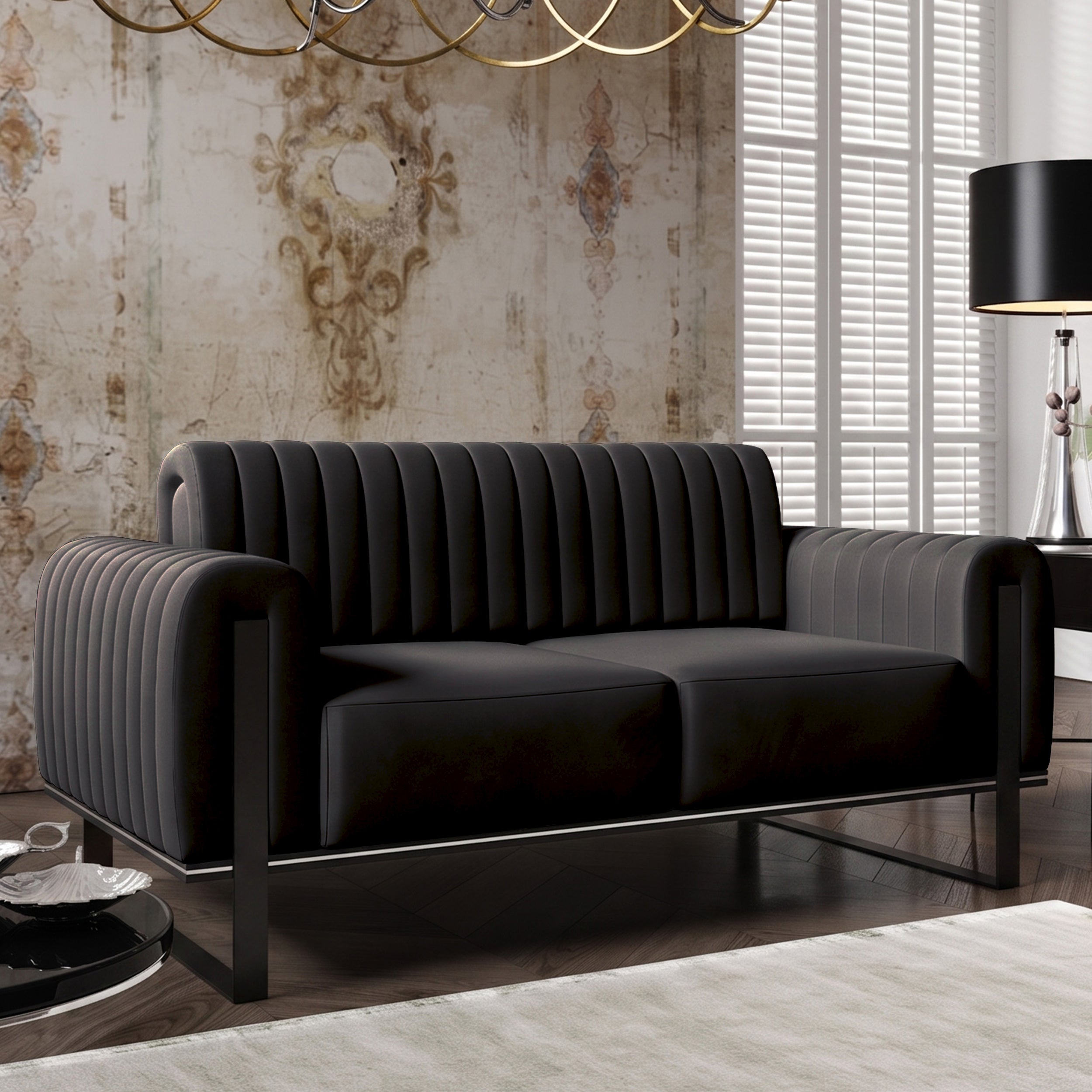 Zweisitziges Sofa Parissa, schwarzer Samt, schwarze Beine