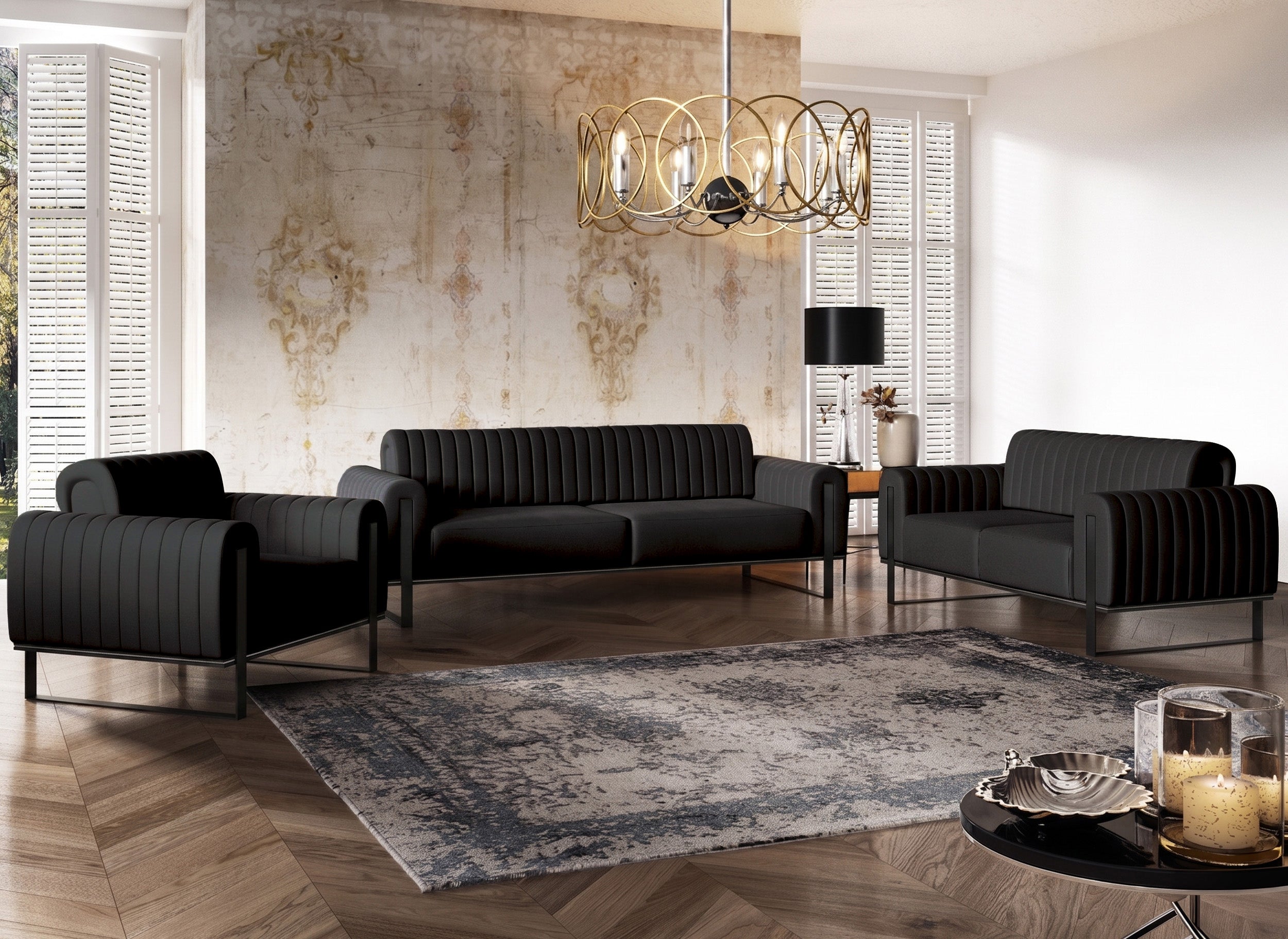 Dreier-Sofa Parissa, schwarzer Samt, schwarze Beine
