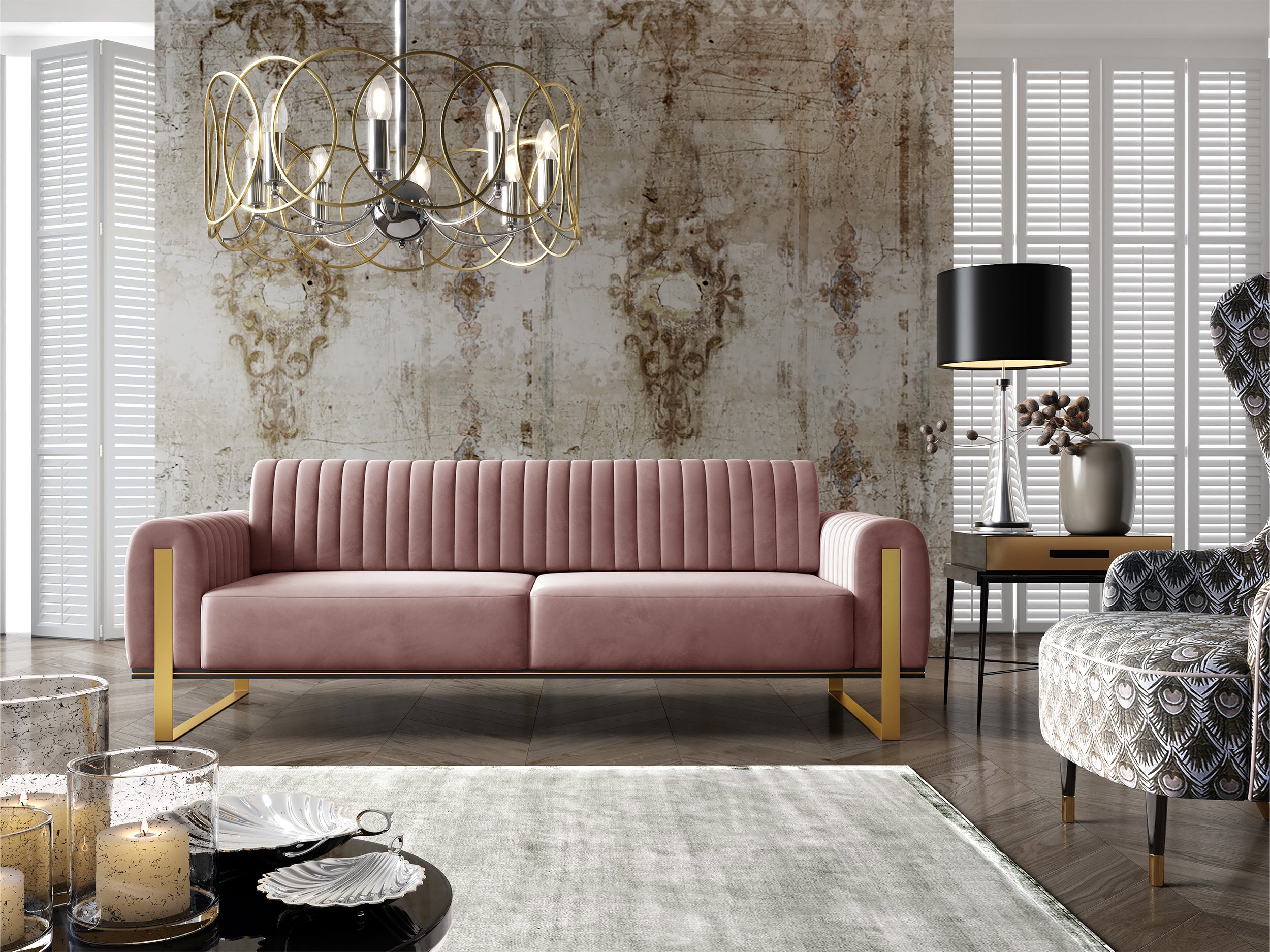 Dreisitziges Sofa Parissa aus rosa Velours