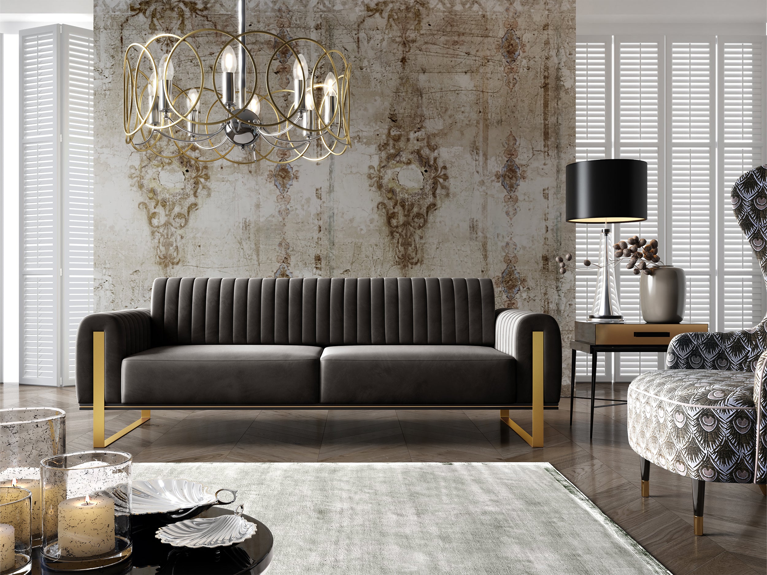 Dreisitziges Sofa Parissa aus dunkelgrauem Samtvelours