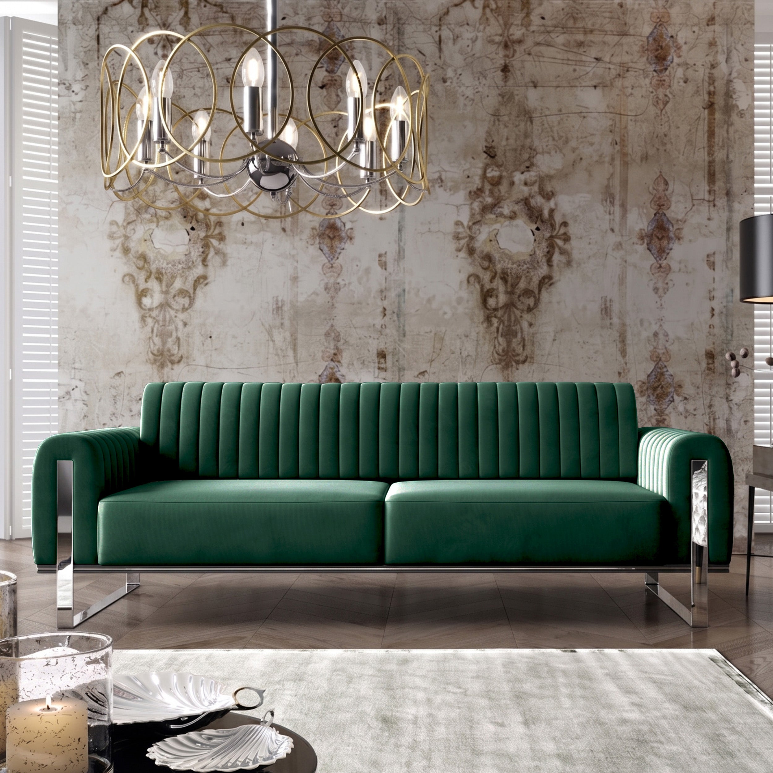 Dreier-Sofa Parissa grün, Samt, Chromfüße