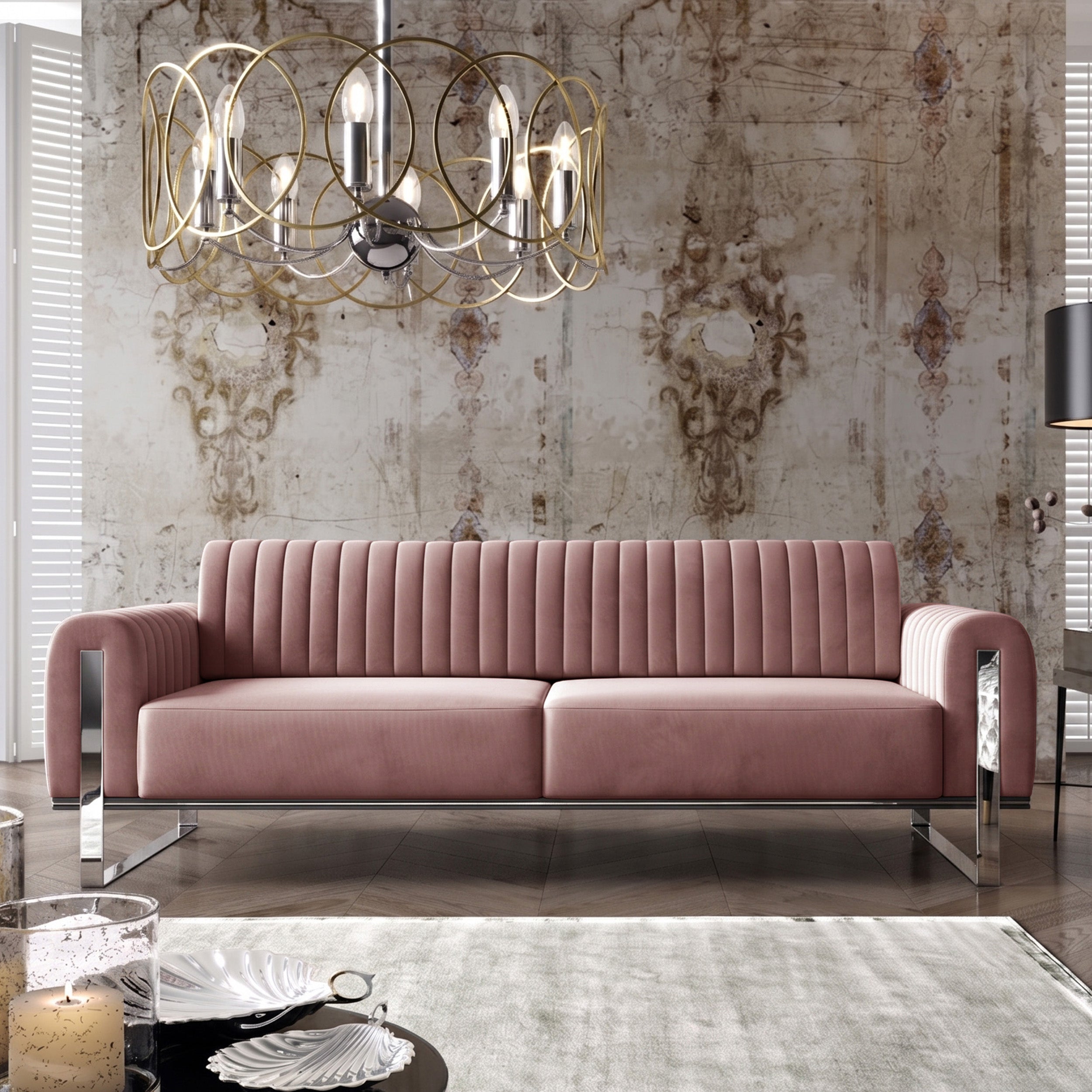 Dreier-Sofa Parissa, rosa Samt, Beine Chrom