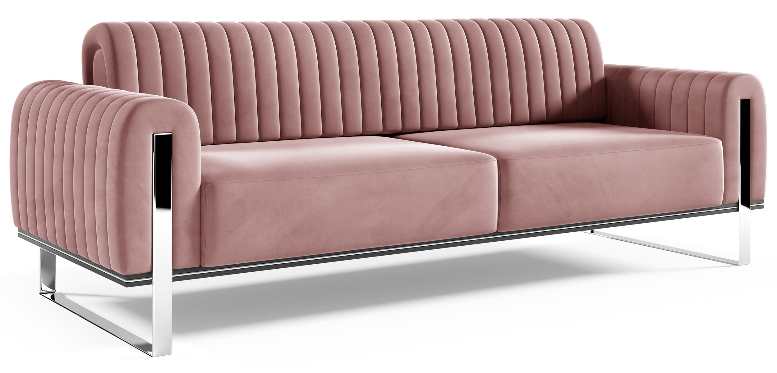 Dreier-Sofa Parissa, rosa Samt, Beine Chrom