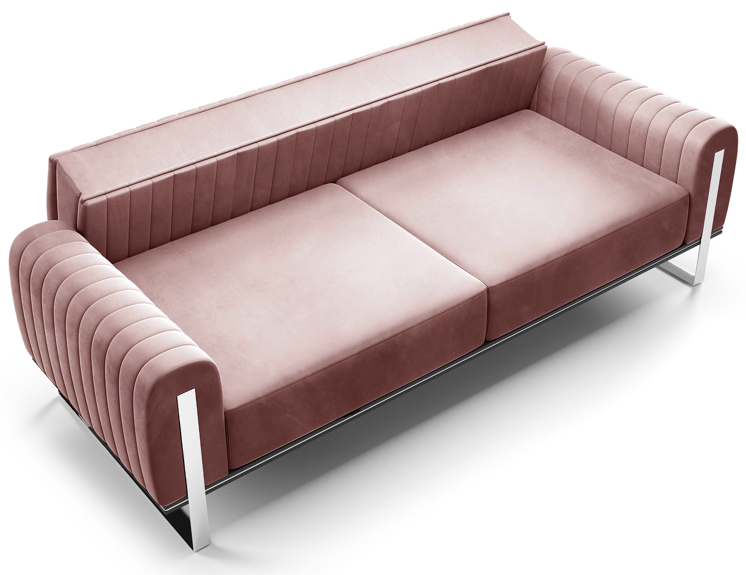 Dreier-Sofa Parissa, rosa Samt, Beine Chrom