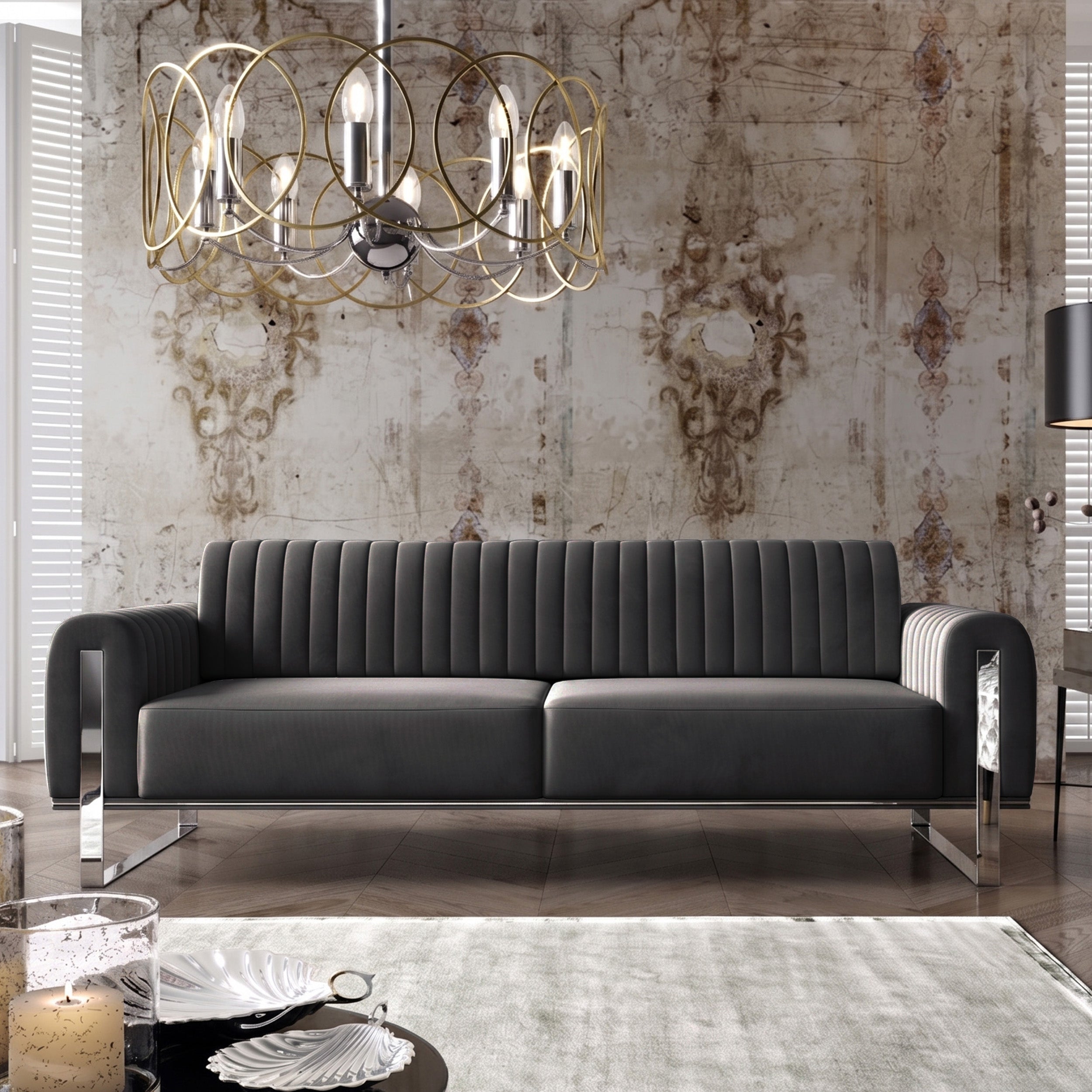 Dreisitziges Sofa Parissa, dunkelgrauer Samt, Chrombeine