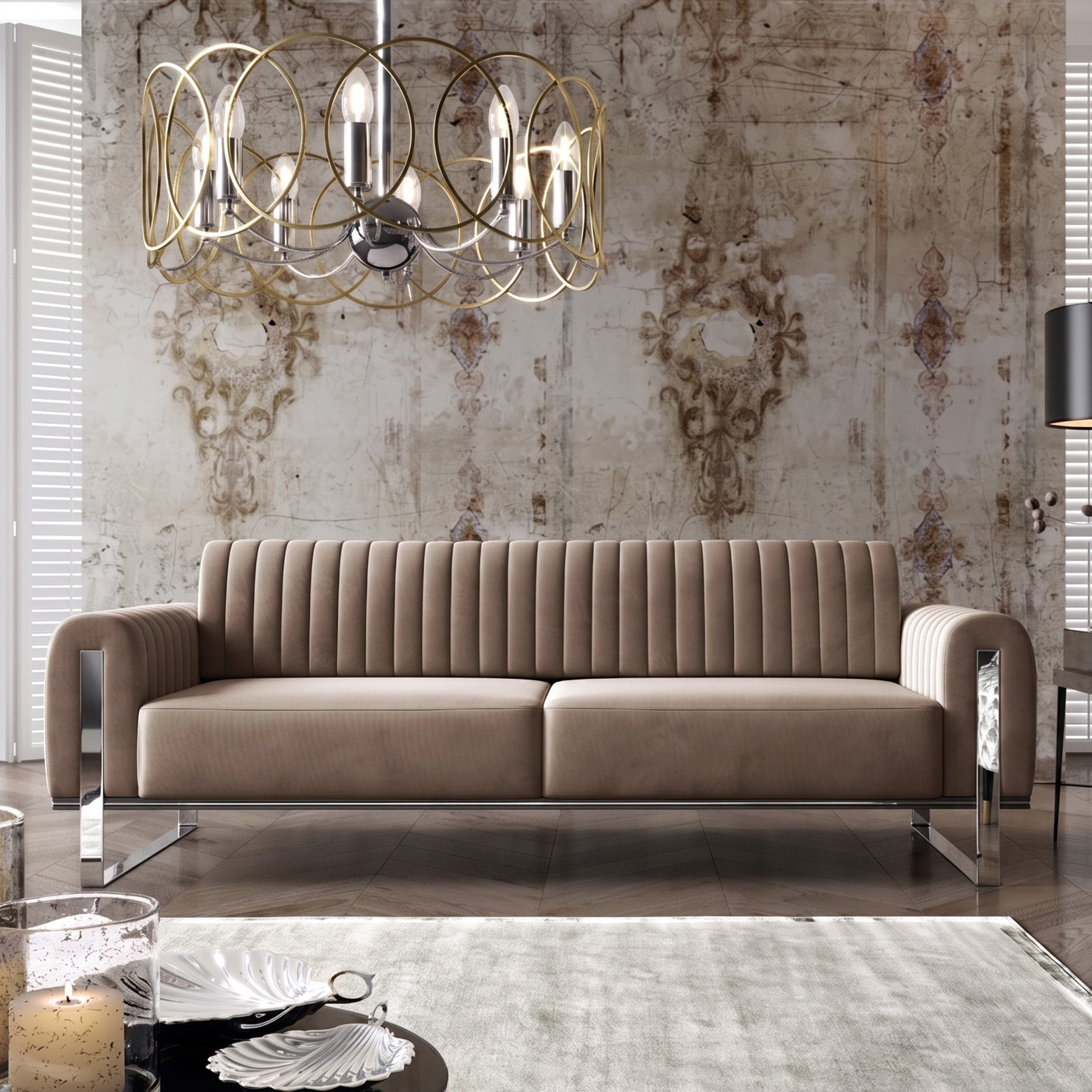 Dreisitziges Sofa Parissa, beige, Samt, Chromfüße