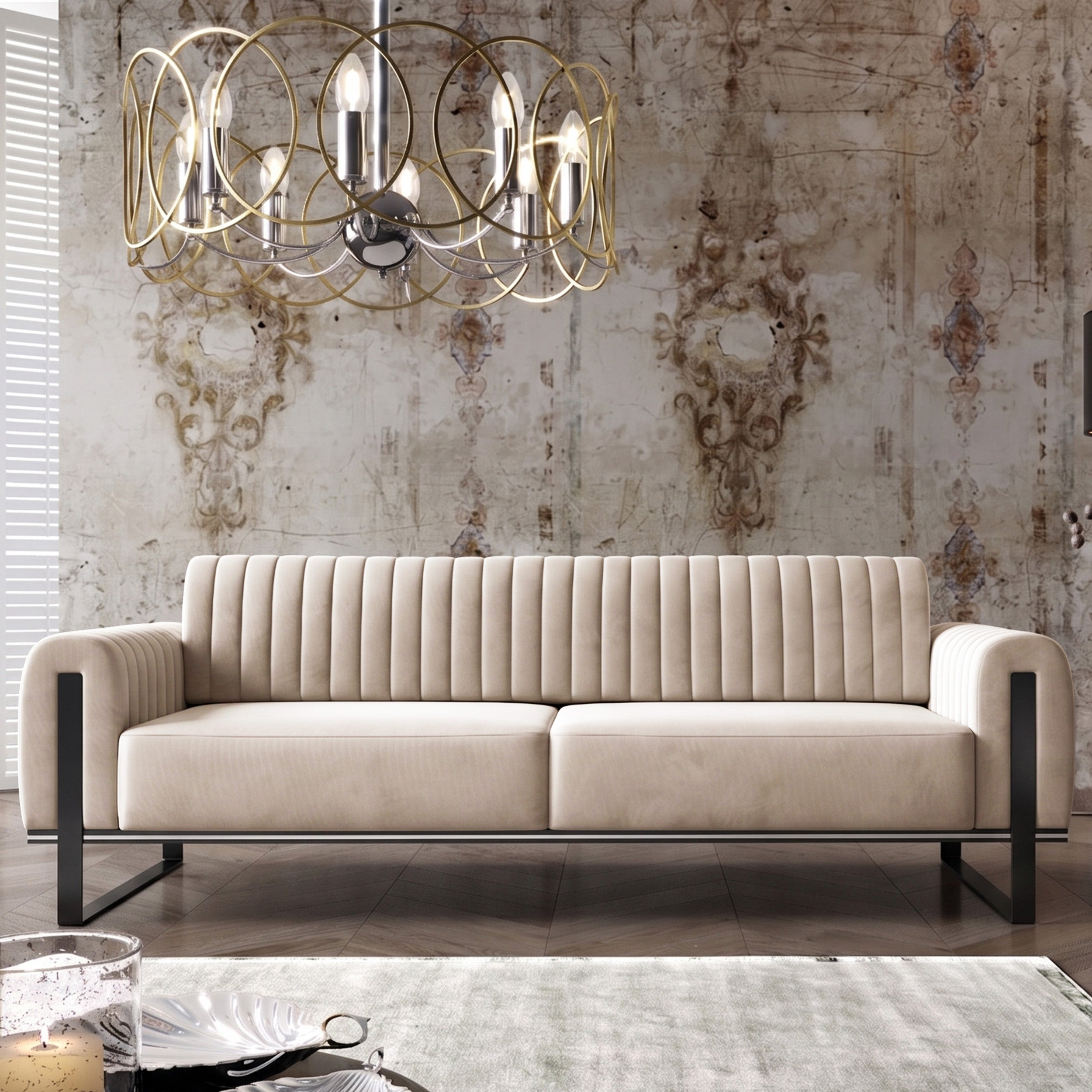 Dreissitziges Sofa Parissa, hellbeiger Samt, schwarze Beine