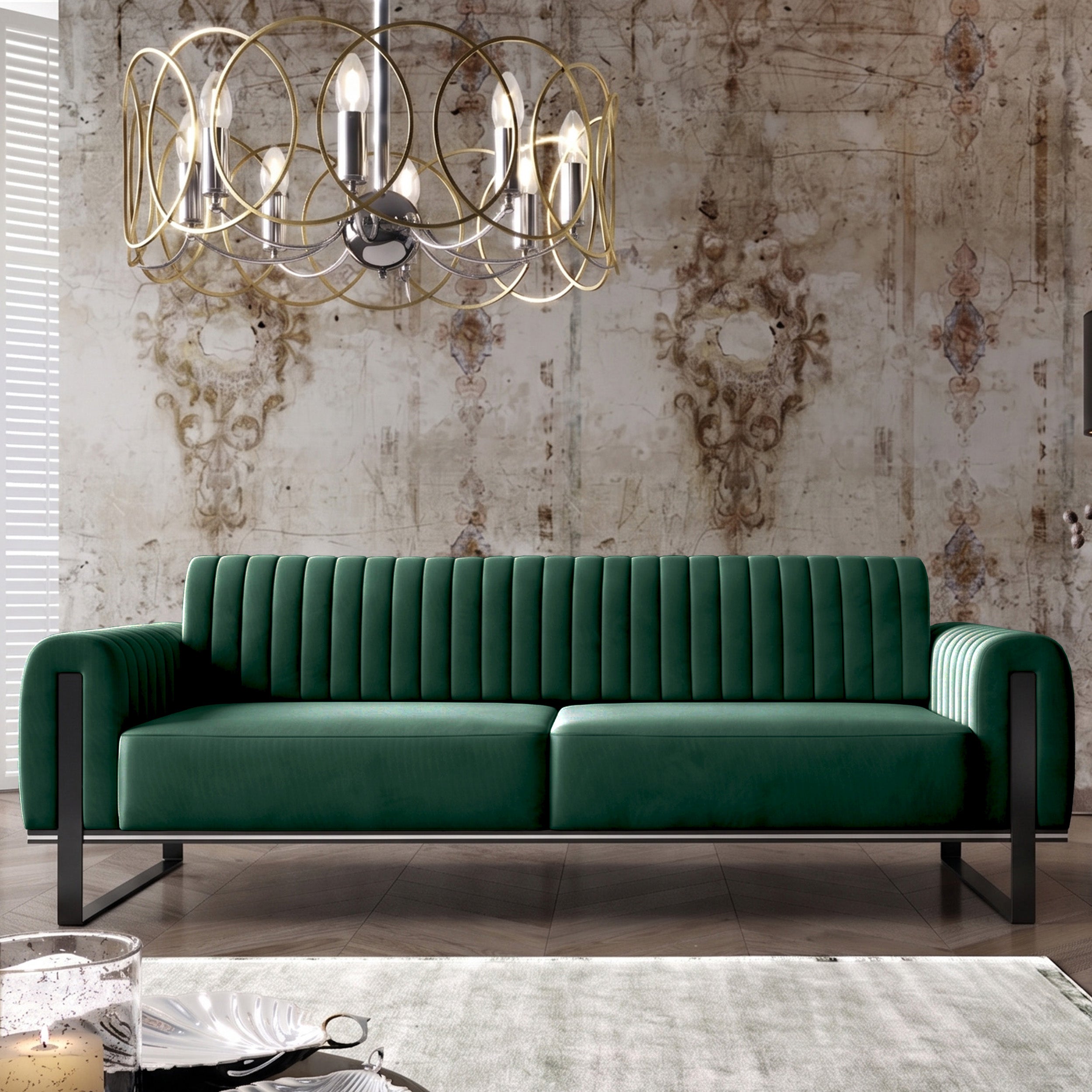 Dreisitiges Sofa Parissa, grüner Samt, schwarze Beine