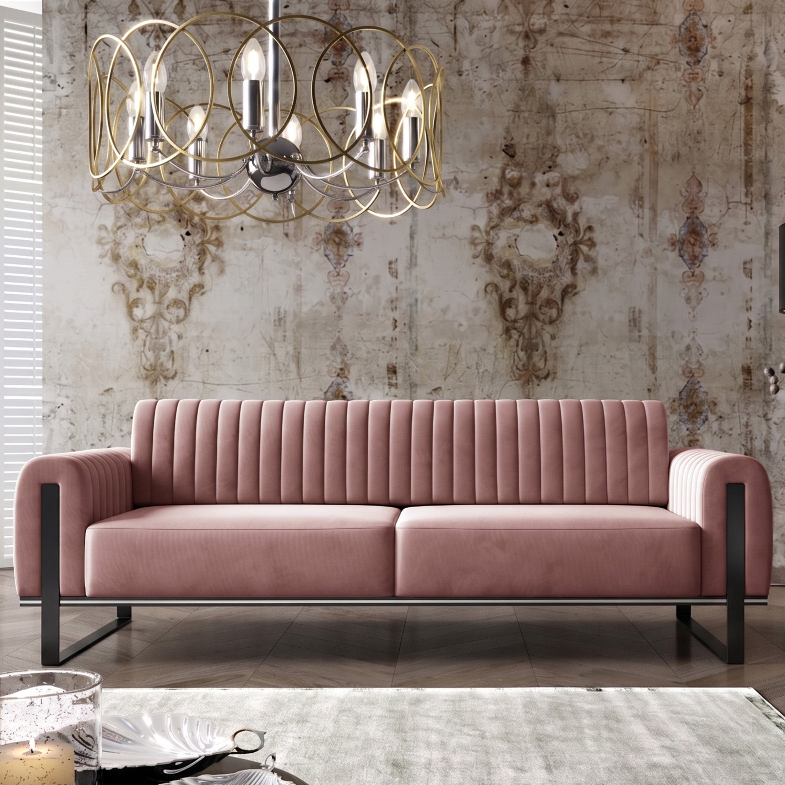 Dreiersofa Parissa, rosa Samt, schwarze Beine