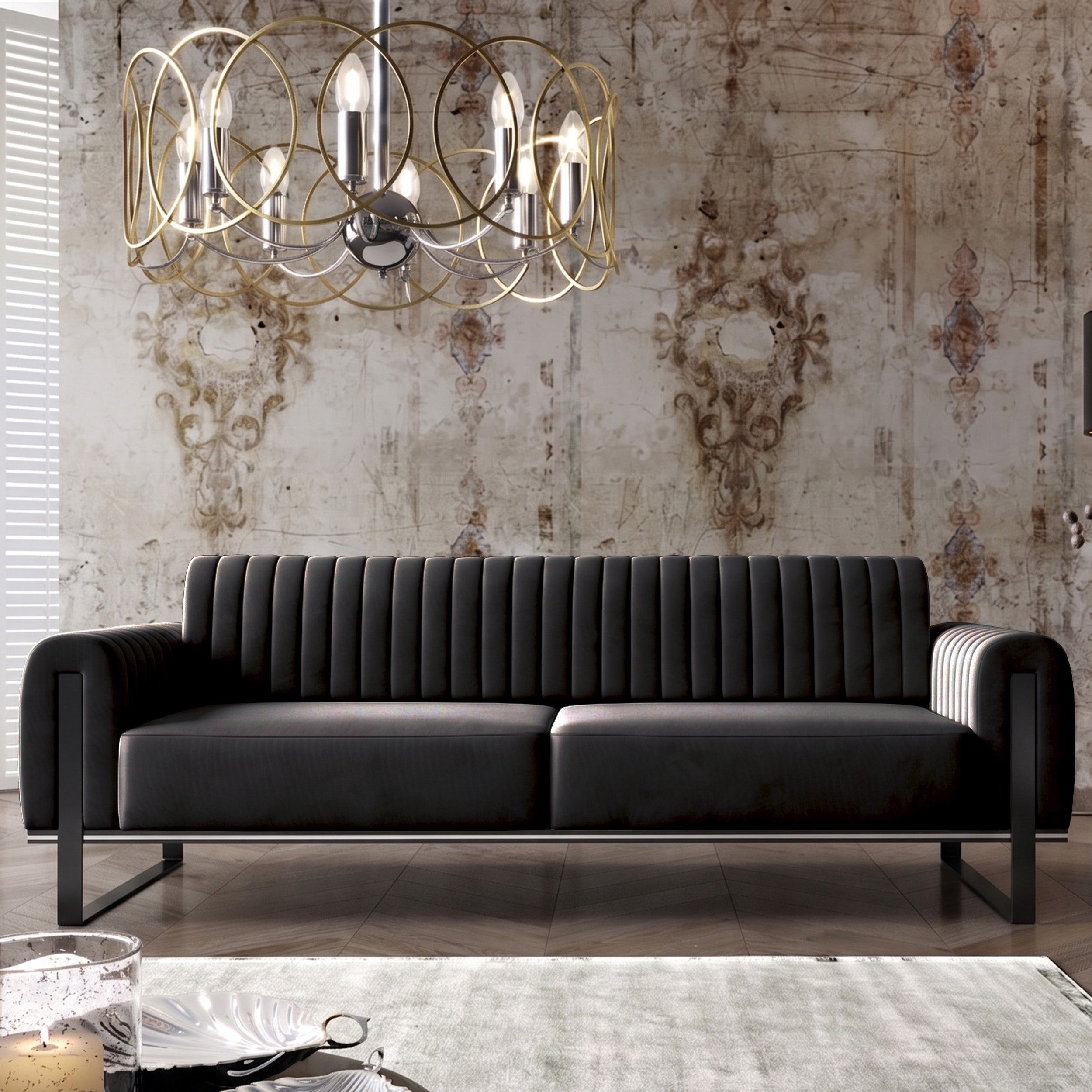 Dreier-Sofa Parissa, schwarzer Samt, schwarze Beine