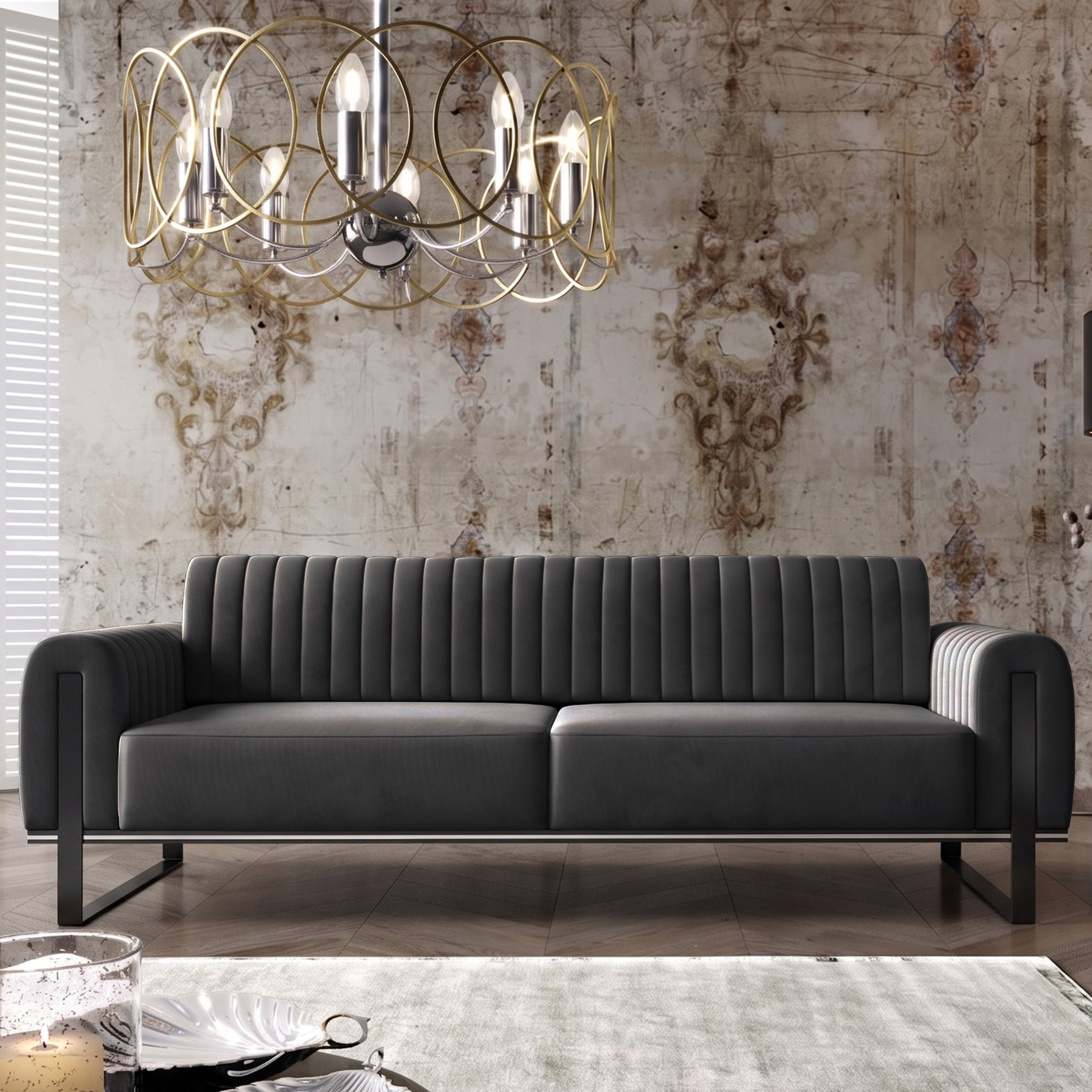 Dreisitziges Sofa Parissa, dunkelgrauer Samt, schwarze Beine