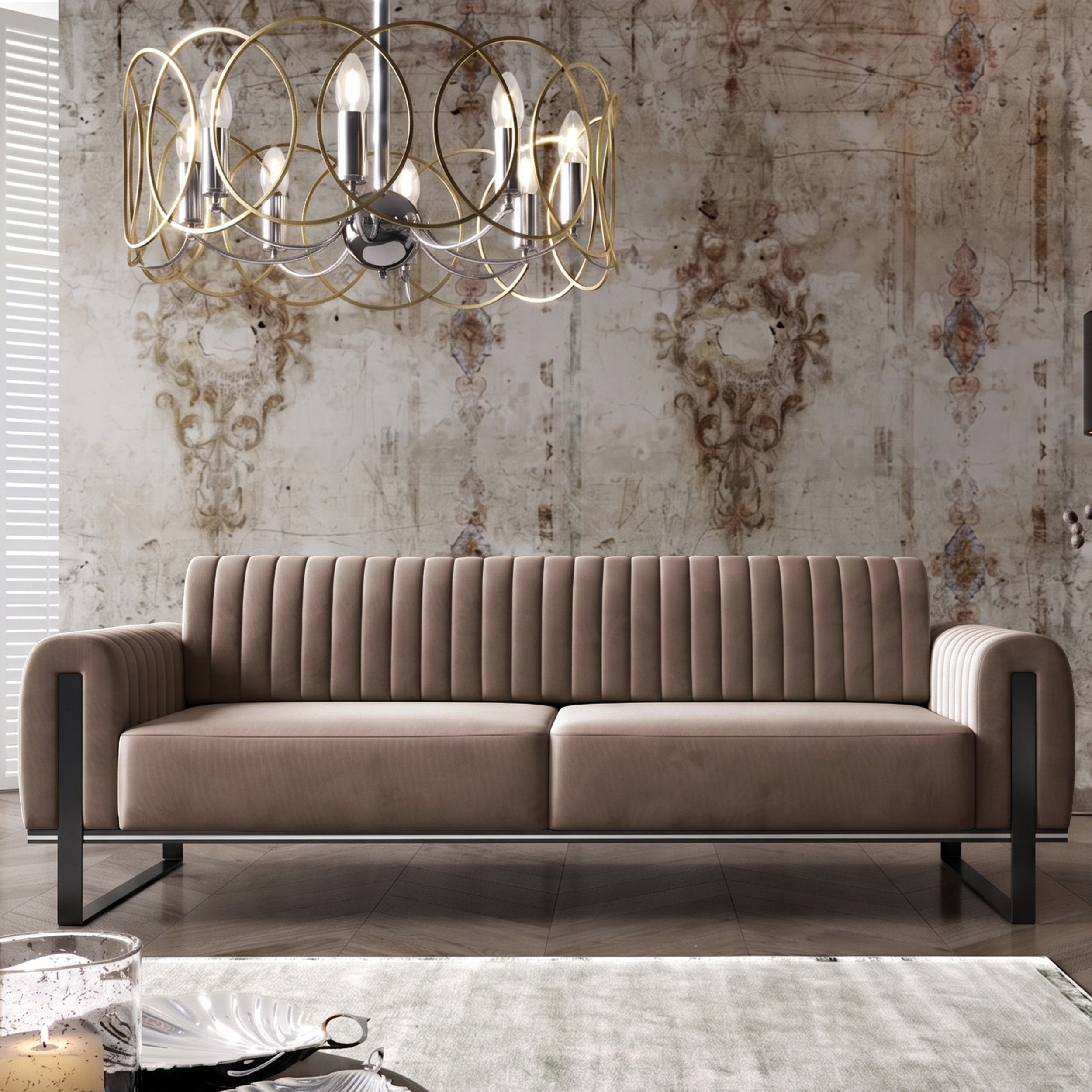 Dreiersofa Parissa Beige Samt Schwarze Beine
