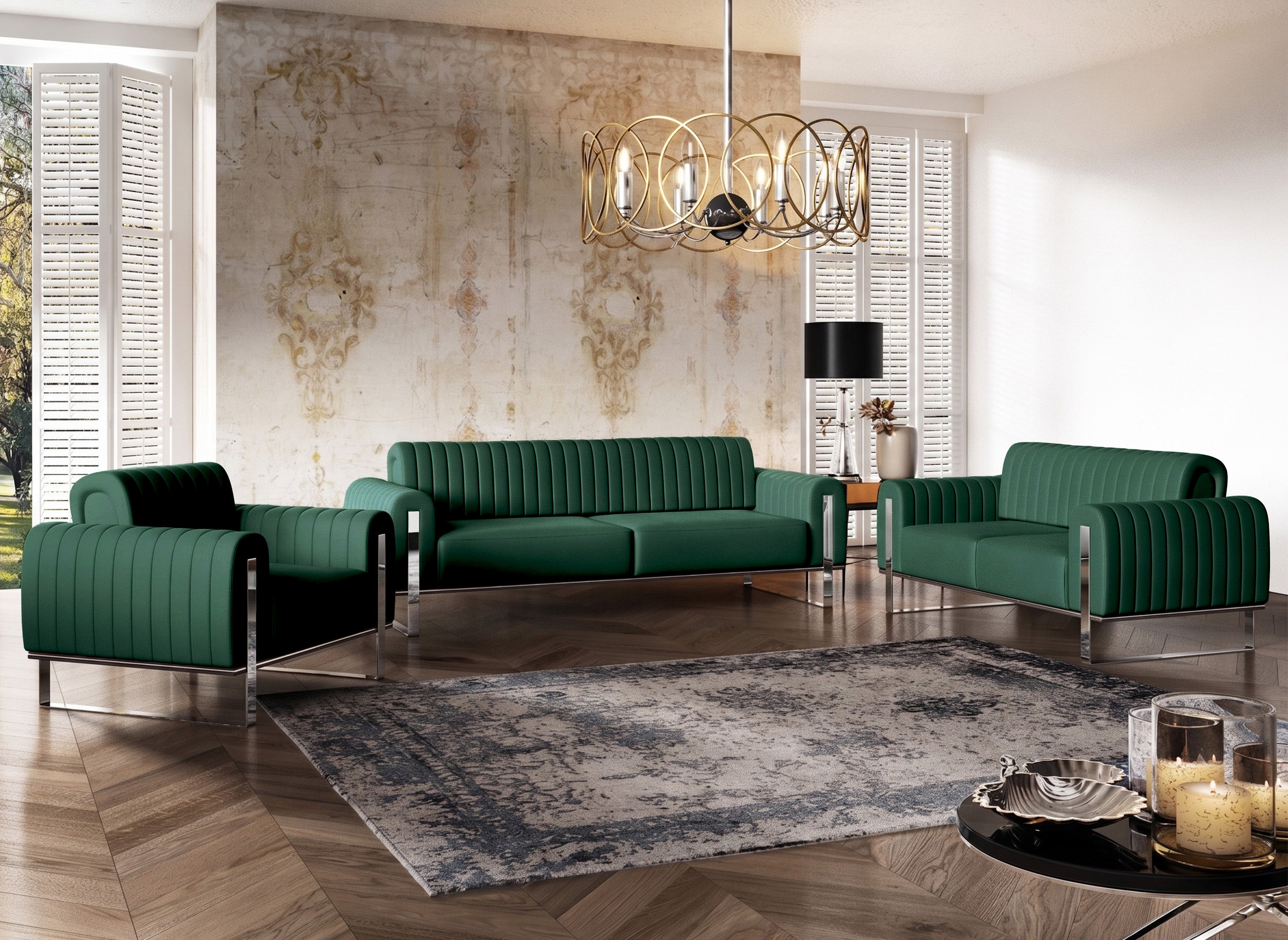 Dreier-Sofa Parissa grün, Samt, Chromfüße