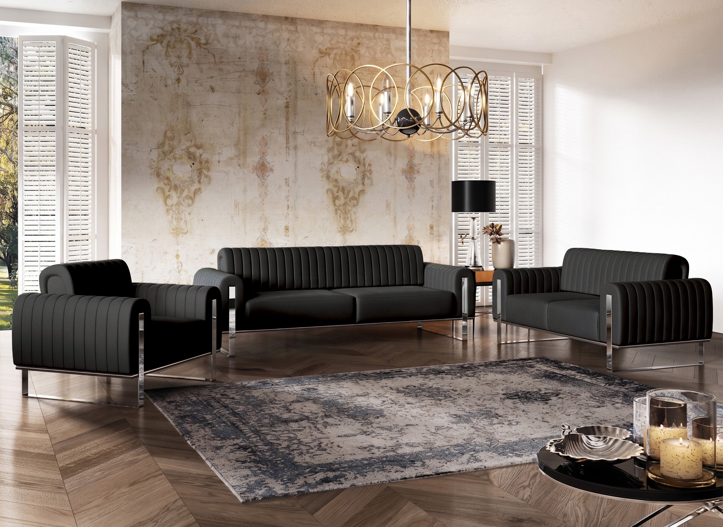 Zweisitziges Sofa Parissa, schwarzer Samt, Chrombeine