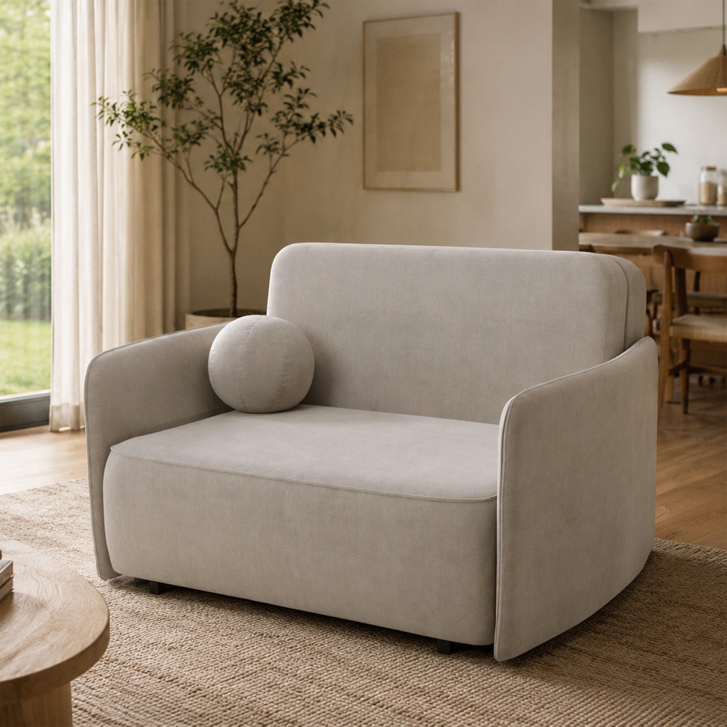 Zweisitziges ausklappbares Sofa Paxi 145 cm mit Stauraum, hellbeiger Chenille-Bezug