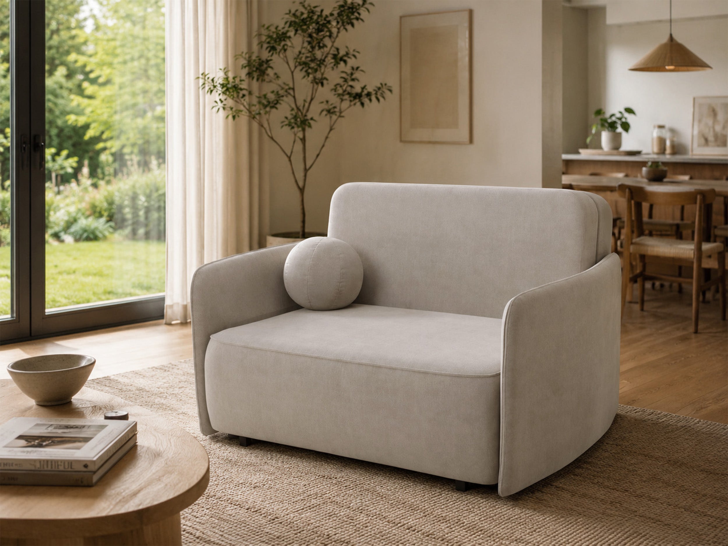 Zweisitziges ausklappbares Sofa Paxi 145 cm mit Stauraum, hellbeiger Chenille-Bezug