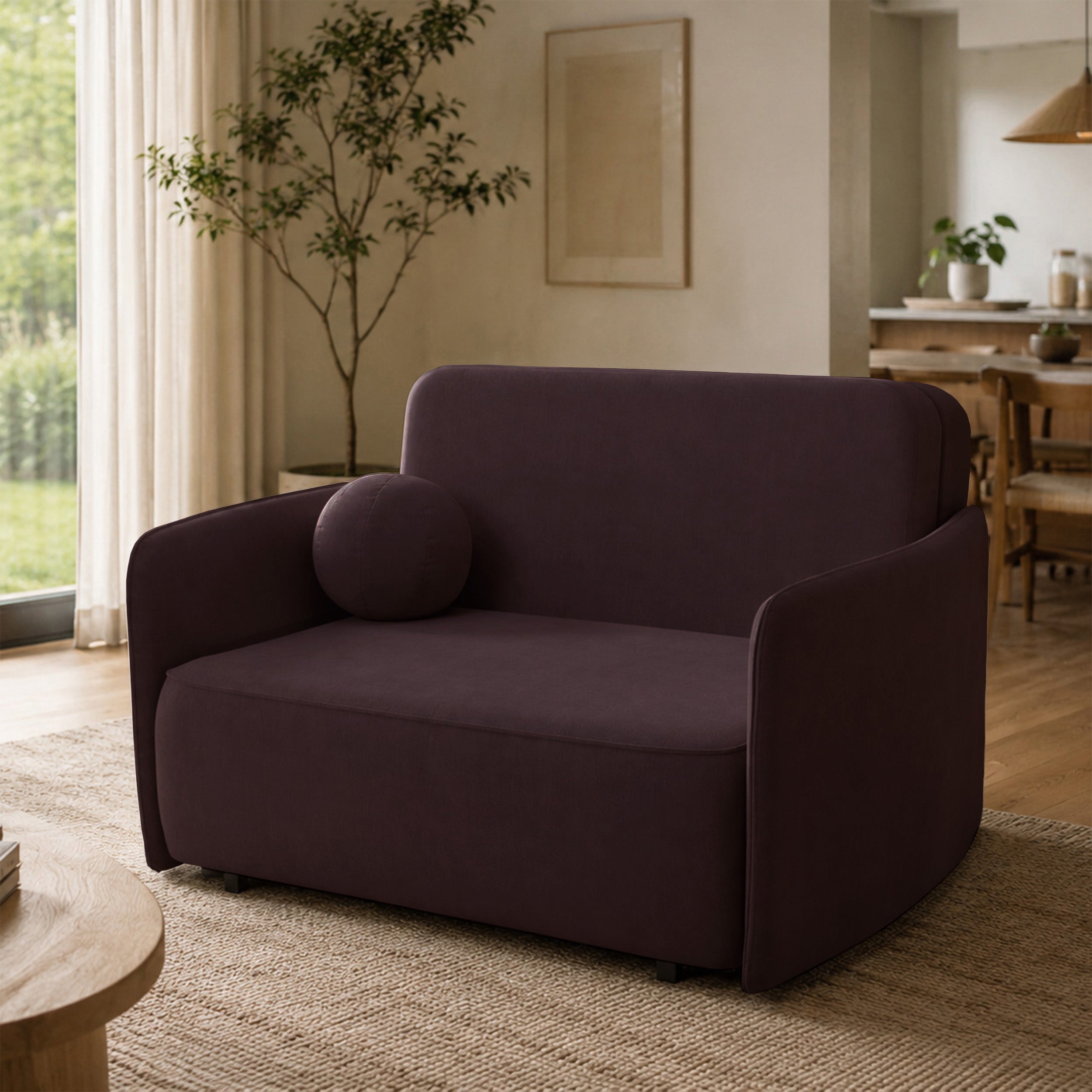 Ausziehbare Zweisitzer-Couch Paxi 145 cm mit Stauraum, Pflaumenfarbener Chenillestoff
