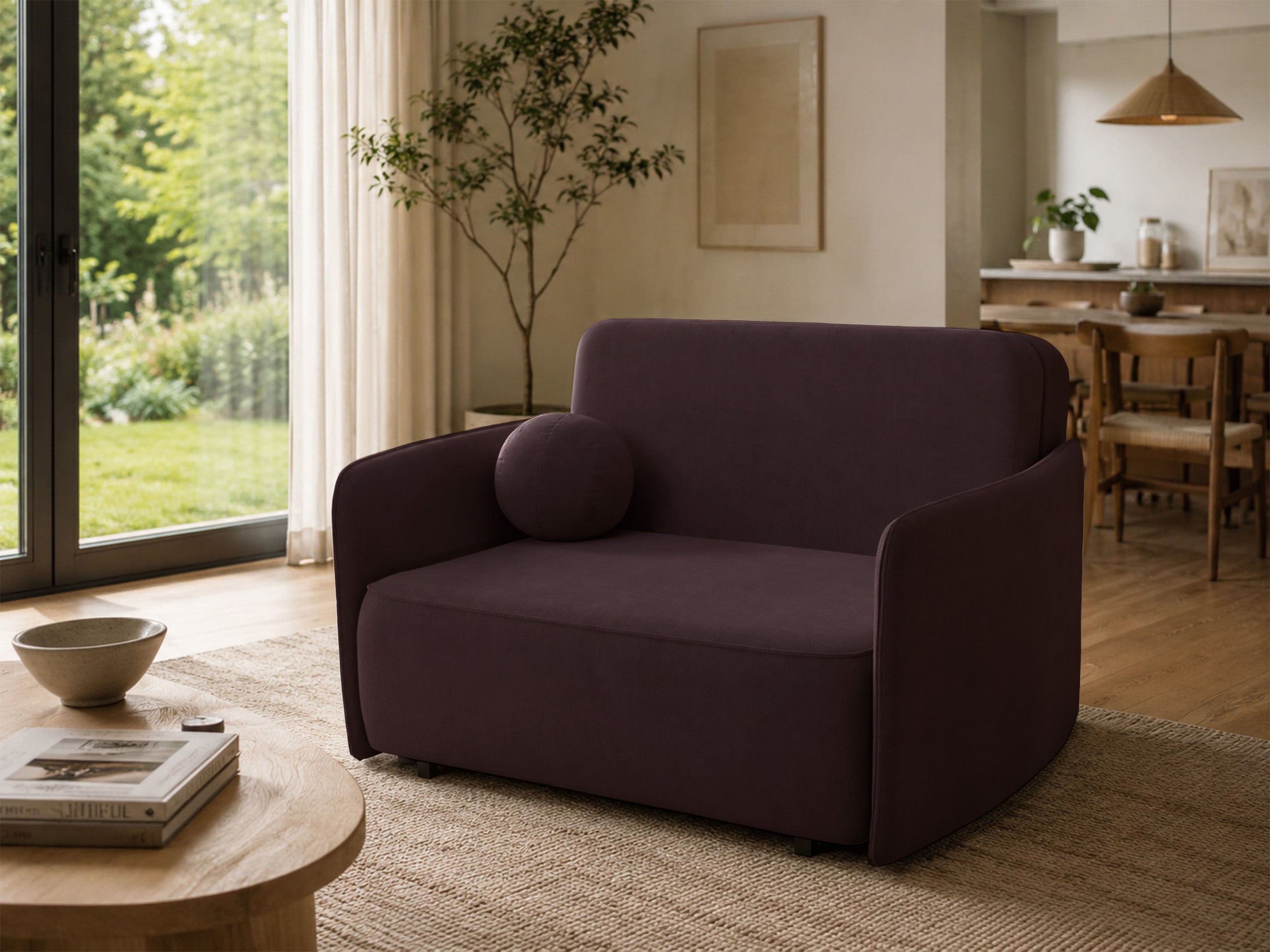 Ausziehbare Zweisitzer-Couch Paxi 145 cm mit Stauraum, Pflaumenfarbener Chenillestoff