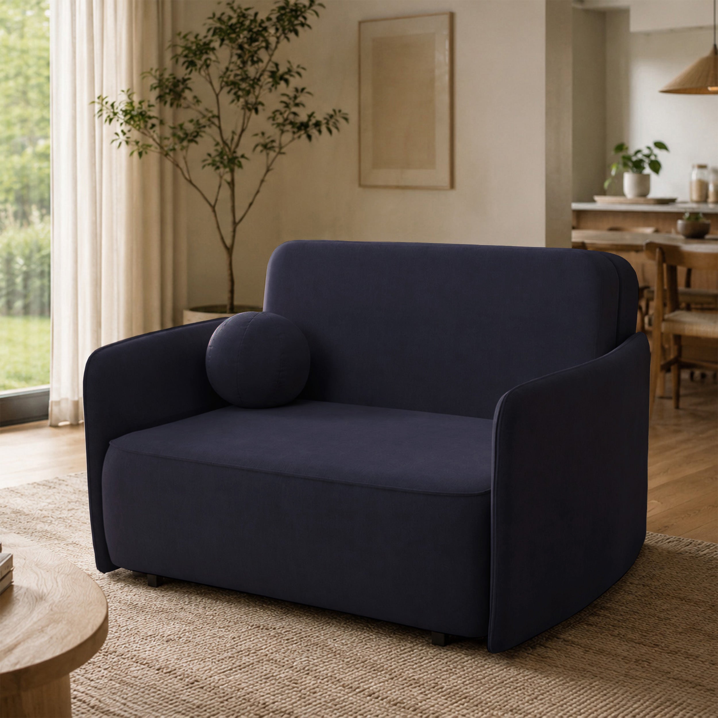 Ausziehbares Zweisitzer-Sofa Paxi 145 cm mit Stauraum, marineblauer Chenille-Stoff