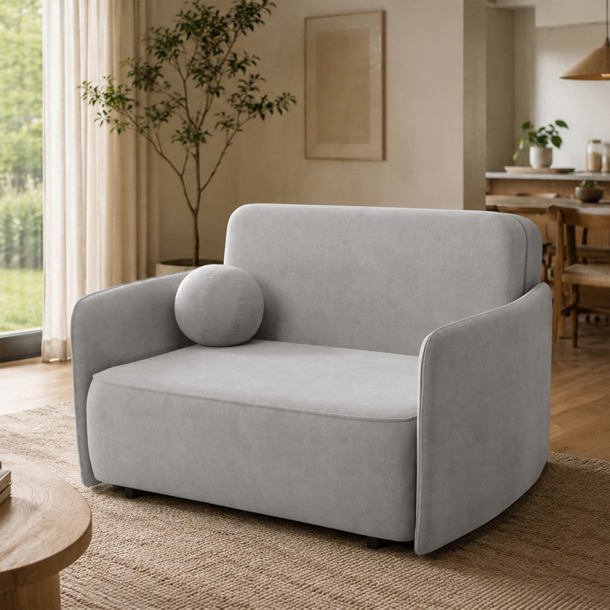 Ausziehbares Zweisitzer-Sofa Paxi 145 cm mit Stauraum, hellgrauer Chen – Selsey EU