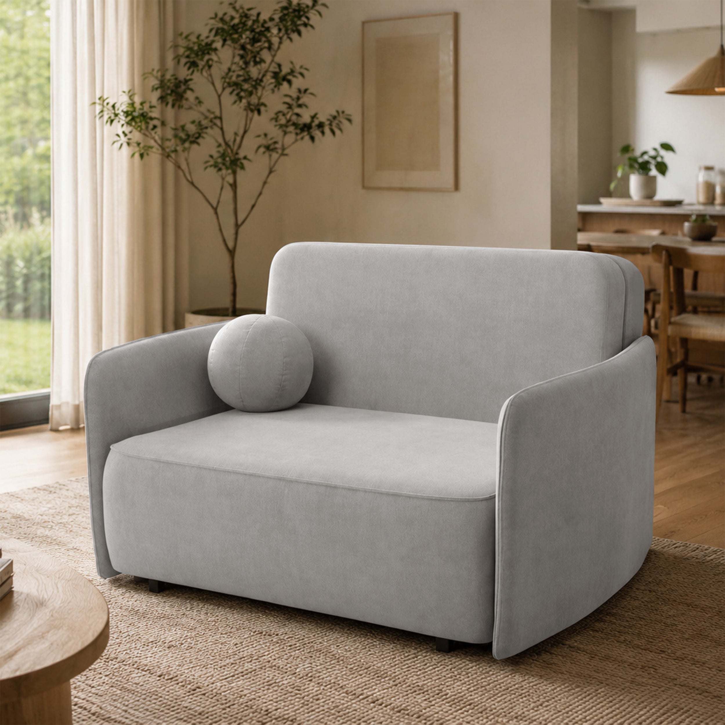 Ausziehbares Zweisitzer-Sofa Paxi 145 cm mit Stauraum, hellgrauer Chenille-Bezug