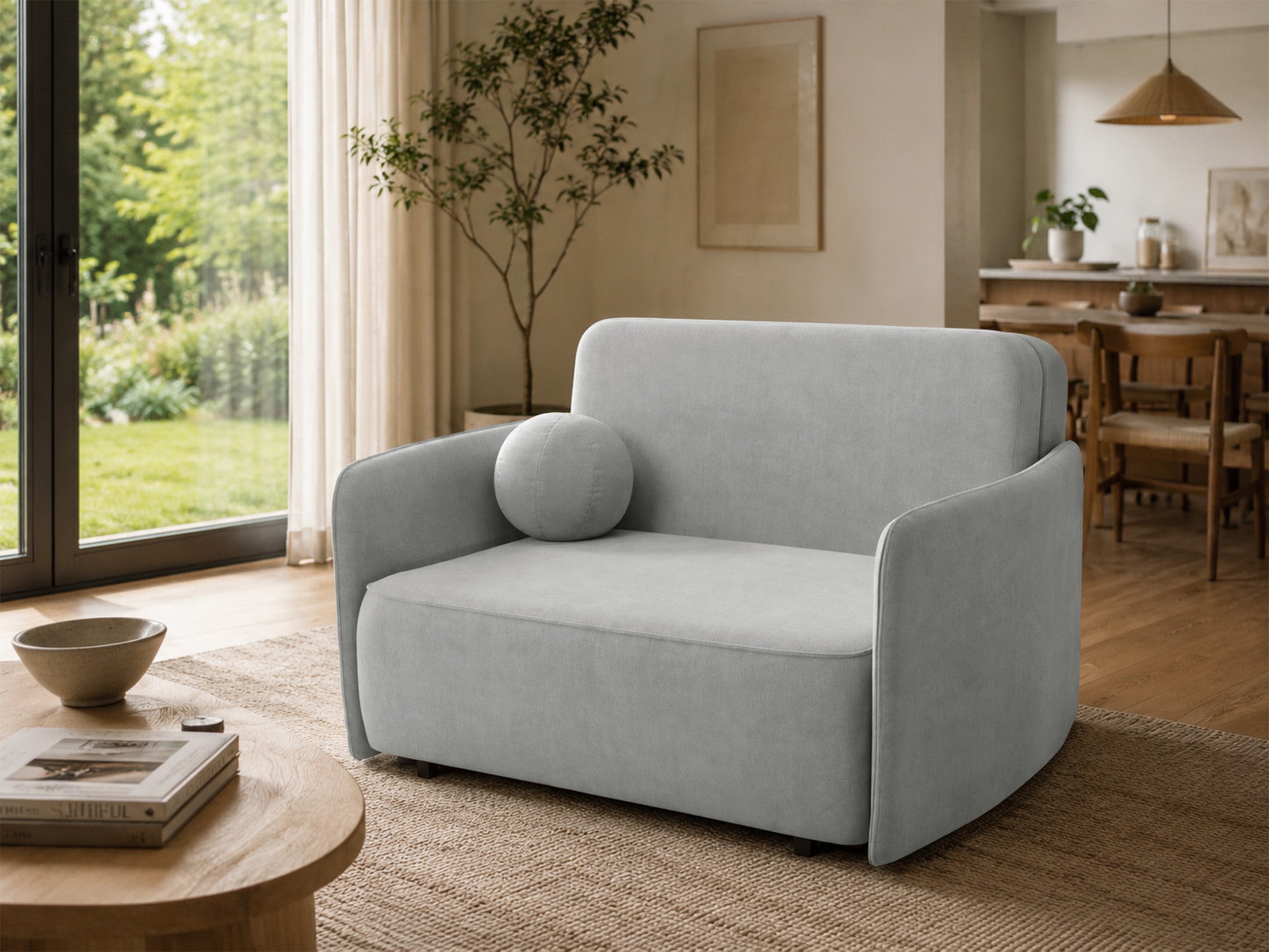 Ausziehbares Zweisitzer-Sofa Paxi 145 cm mit Stauraum, hellgrauer Chenille-Bezug