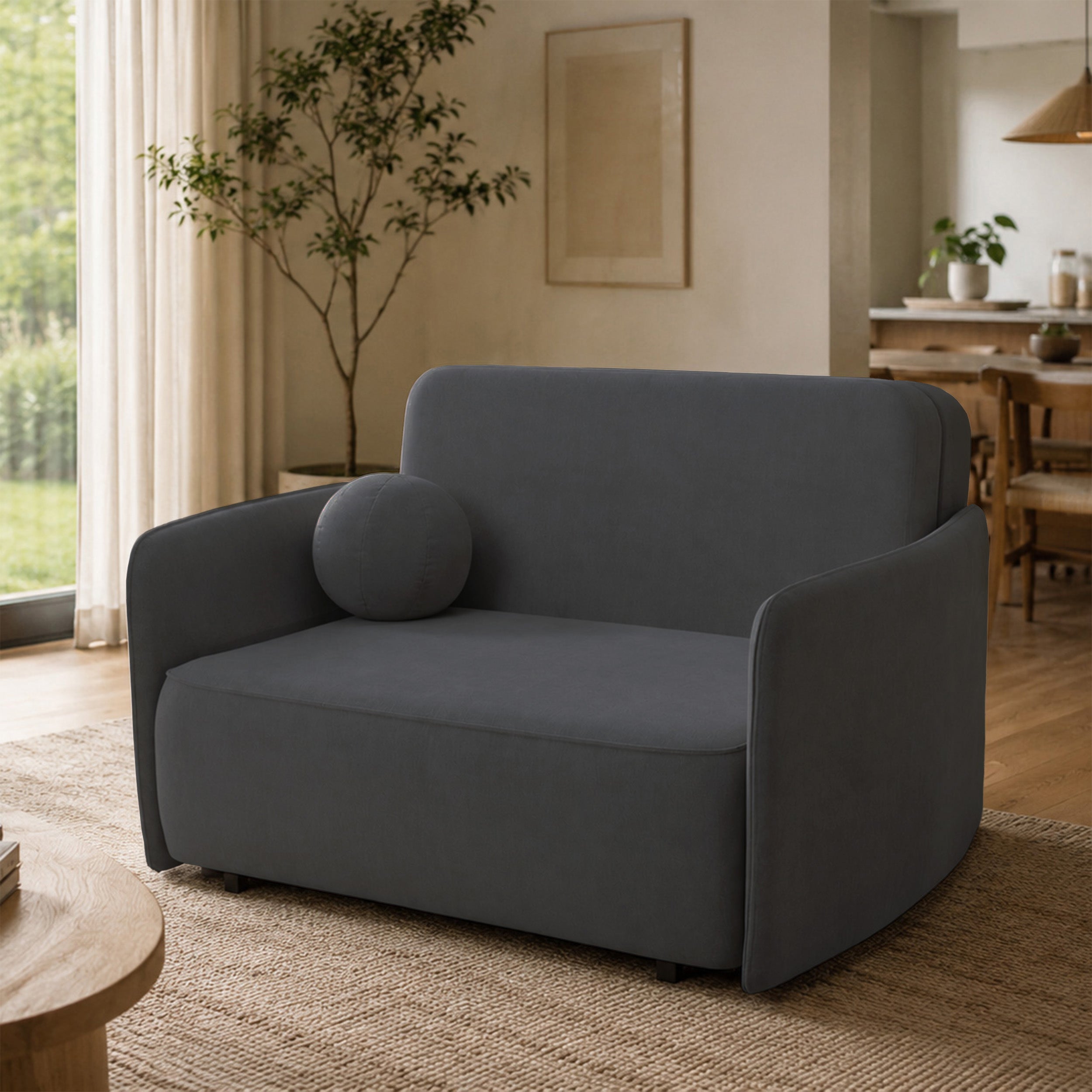 Ausziehbares Zweisitzer-Sofa Paxi 145 cm mit Stauraum, dunkelgrauer Chenille-Bezug