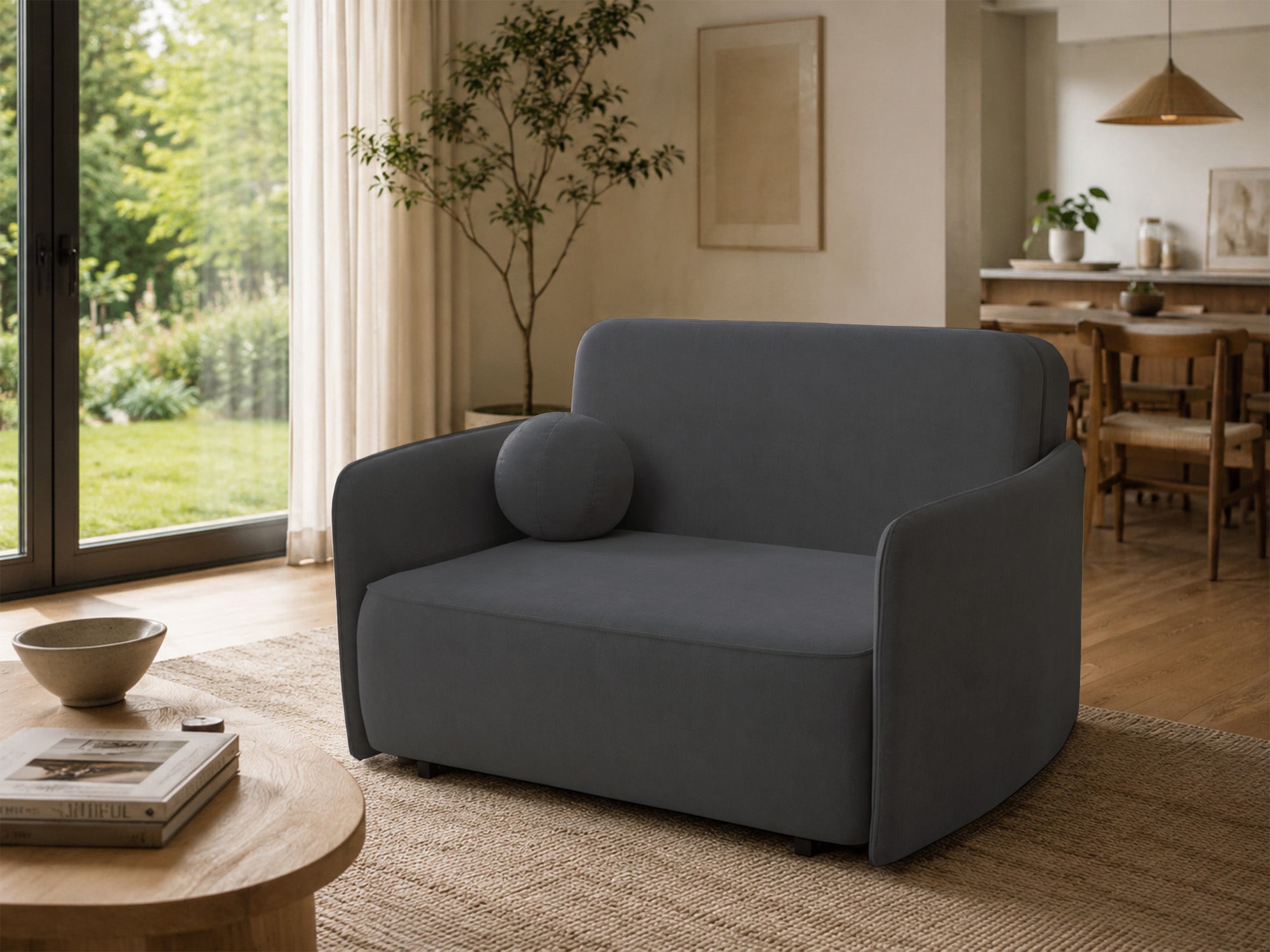 Ausziehbares Zweisitzer-Sofa Paxi 145 cm mit Stauraum, dunkelgrauer Chenille-Bezug
