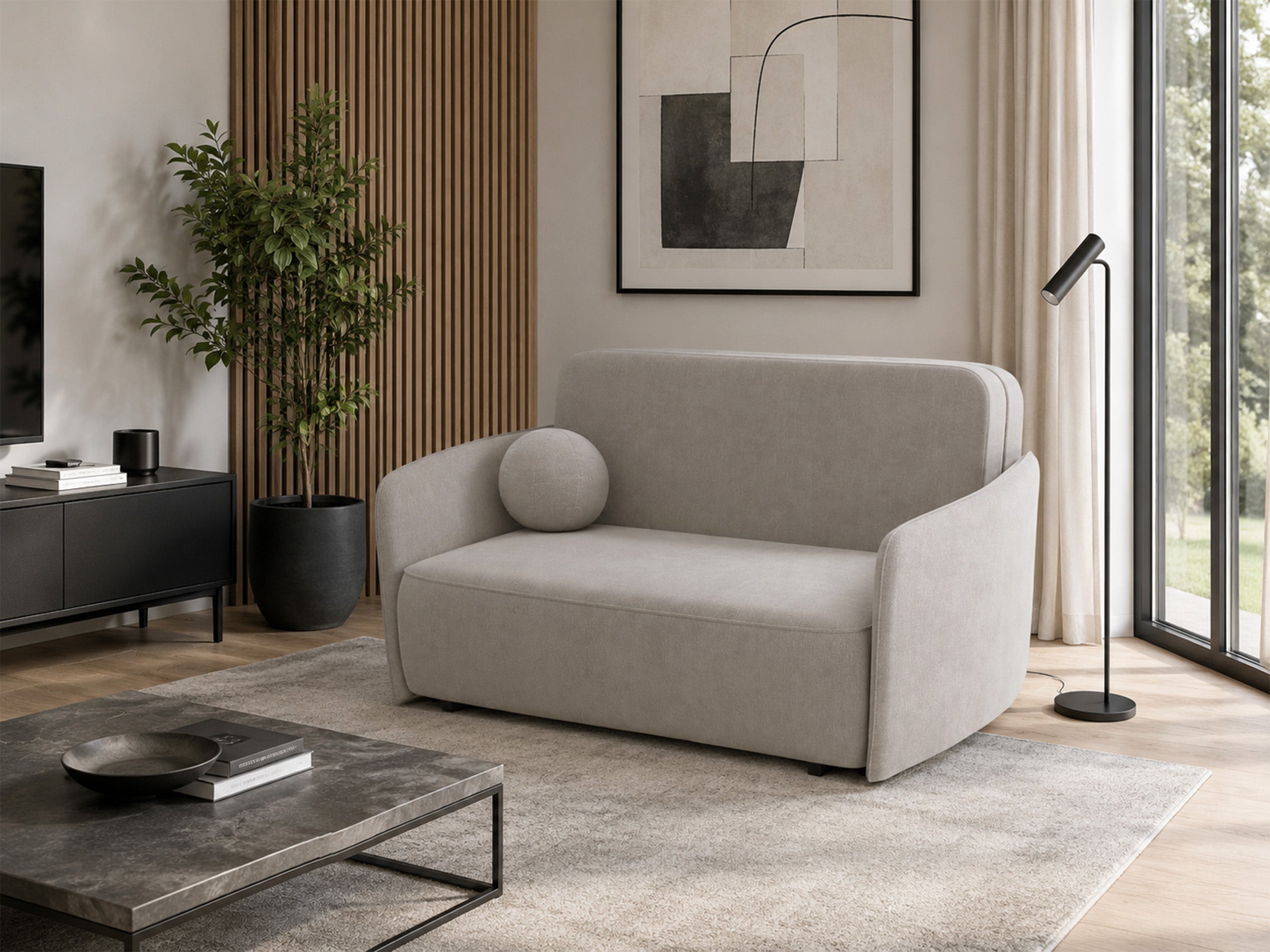 Ausziehbares Zweisitzer-Sofa Paxi 165 cm mit Stauraum, hellbeiger Chenille-Bezug