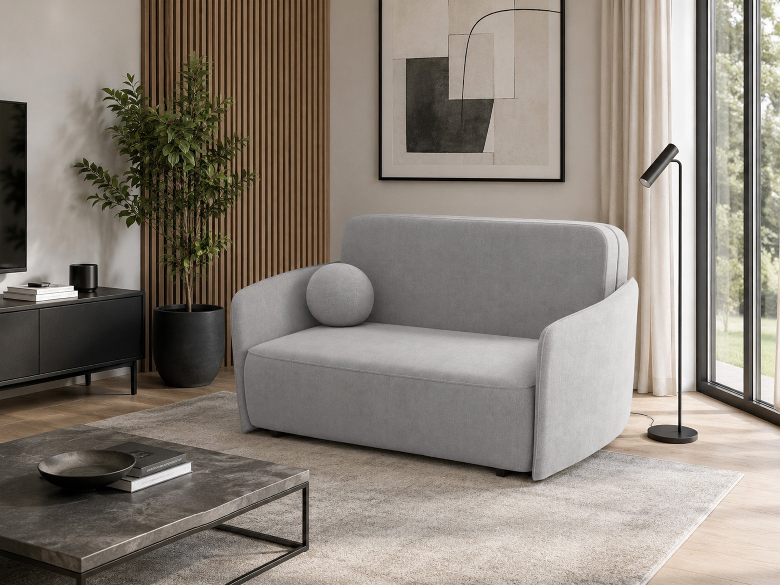 Ausziehbares Zweiersofa Paxi 165 cm mit Stauraum, hellgrauer Chenille-Bezug