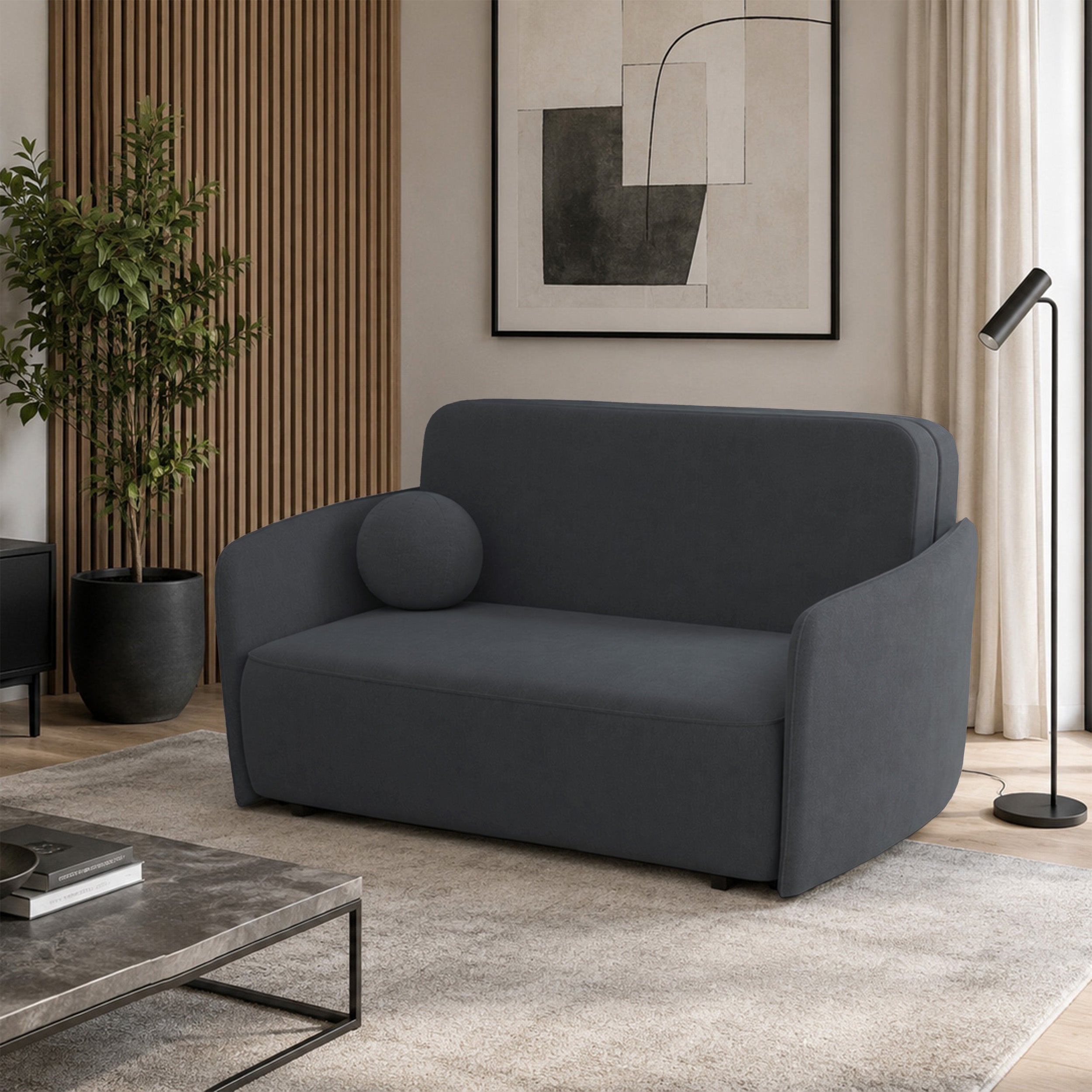 Zweisitziges Schlafsofa Paxi 165 cm mit Stauraum, dunkelgrauer Chenillebezug