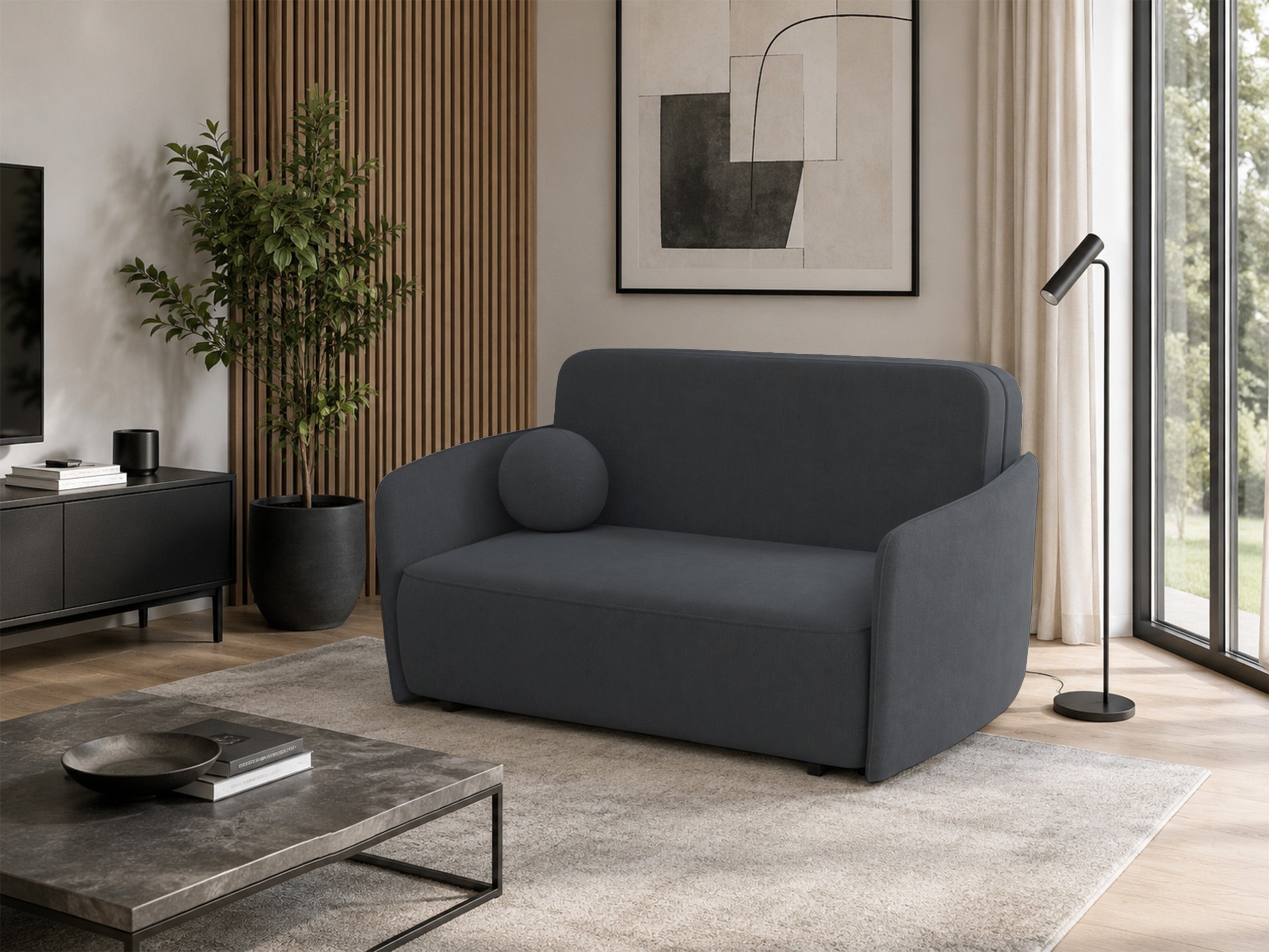 Zweisitziges Schlafsofa Paxi 165 cm mit Stauraum, dunkelgrauer Chenillebezug